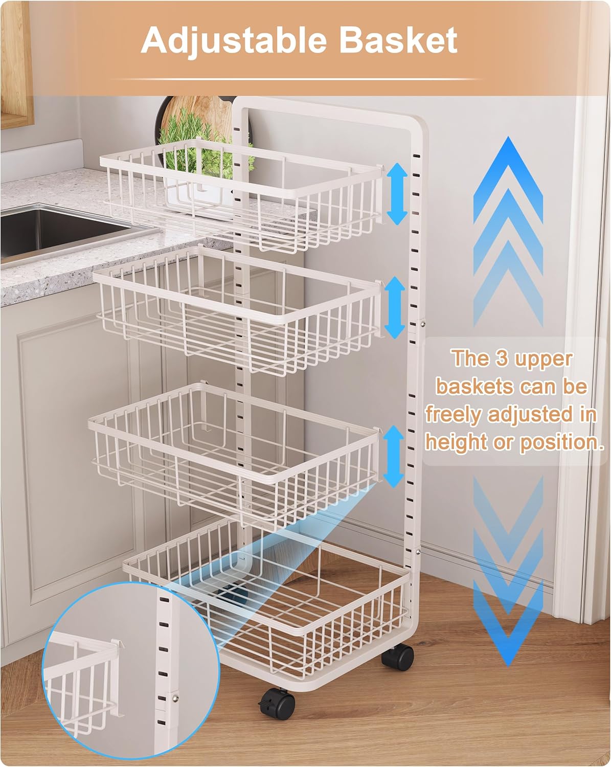 UMDONX 4-Tier Kitchen Storage Cart Metal Snack Cart Adjustable Fruit Basket on Wheels Stand Baskets for Potato Onion Produce White - Image 3