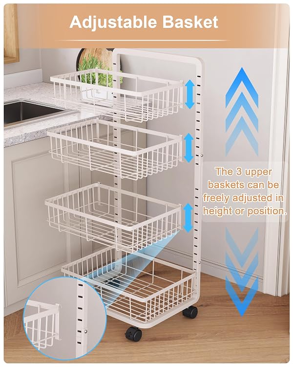 UMDONX Kitchen Storage Cart Rolling Fruit Basket 4 Tier, Vegetable Potato Onion Organizer on Wheels Multifunctional Shelf, Sturdy Metal White by UMDONX - Image 3