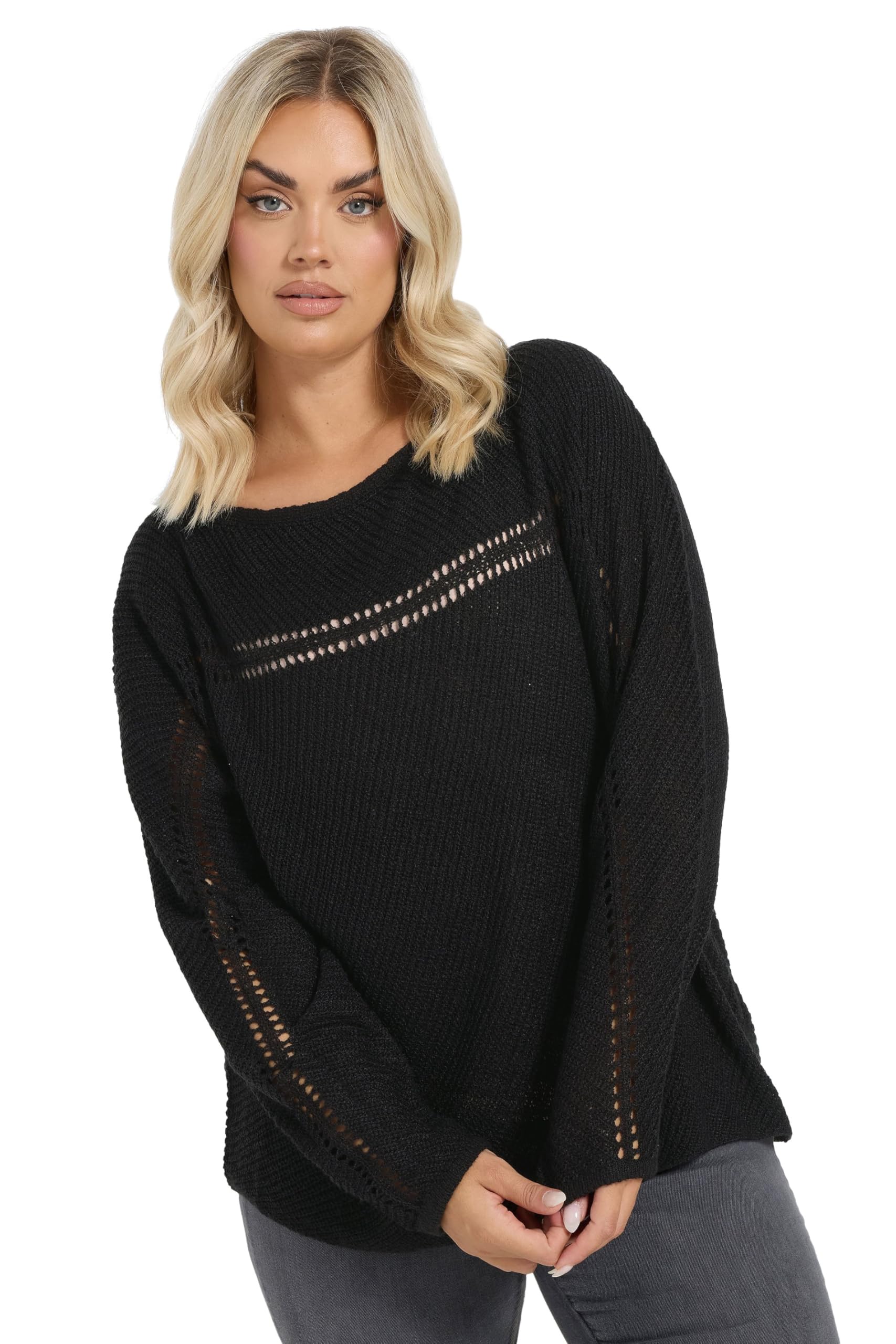 Yours Curve Knitted Pointelle Jumper - Womens - Plus Size Curve Black