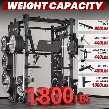 RitKeep PMAX-4750 Smith Machine with Jammer Arms and Leg Press Board, Adjustable 1:1 and 2:1 Pulley Ratios, 1800 LB Capacity,Multi-Function Commercial and Home Gym Equipment for Strength Training