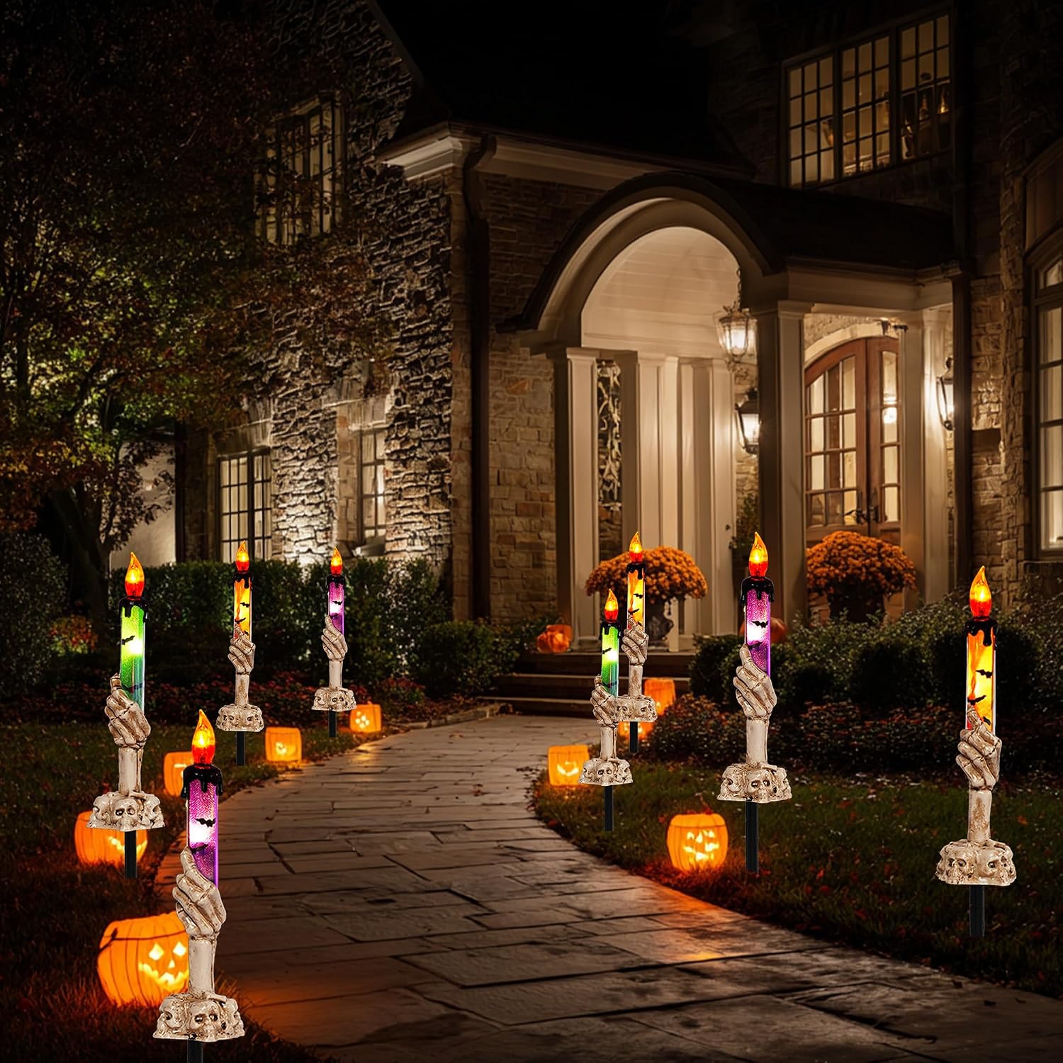 Dazzle Bright Halloween Decorations, 10 Pack Lighted Battery Operated Skeleton Hands Hold Candle with Stakes, Pathway Decor for Indoor Outdoor Party Home Garden image 2