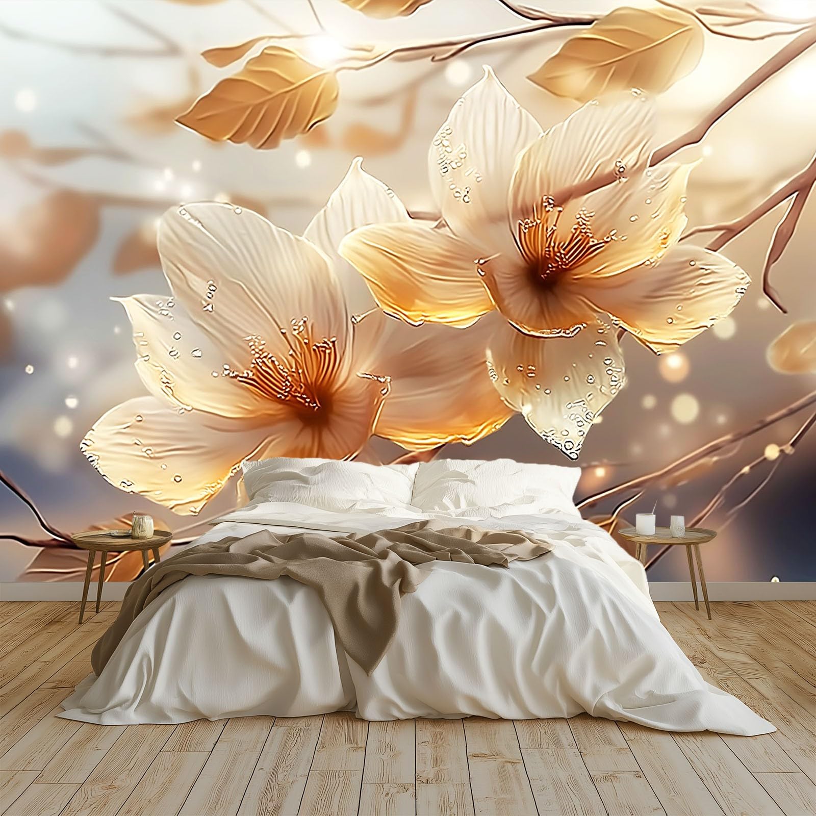 Papier peint panoramique 3D pétales dorés beige 300x210 cm