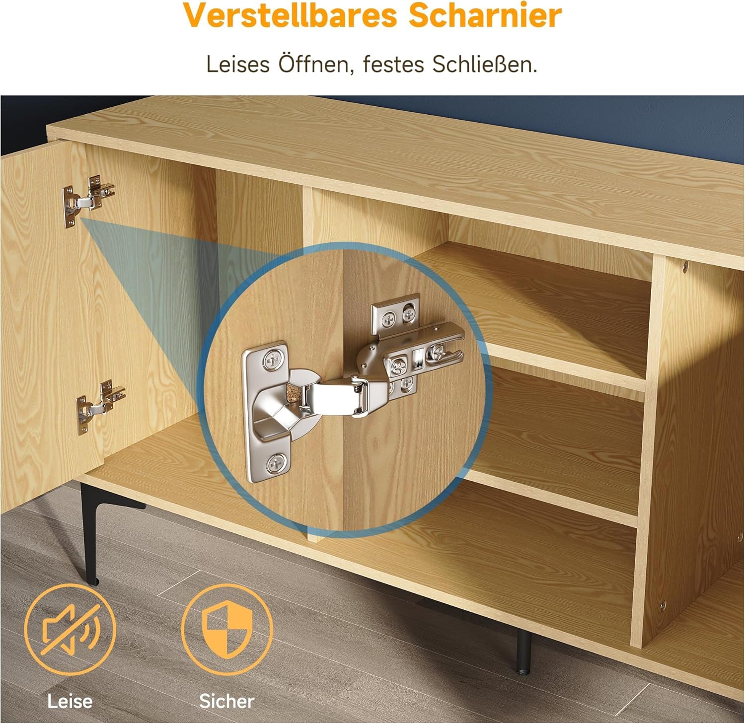 SONNI TV-Schrank, Fernsehtisch, Fernsehregal, Lowboard für Fernseher 60 Zoll mit 2 Schränken, 3 offenen Fächern, 2 Kabellöchern, Metallfüßen, für Wohnzimmer, Esszimmer und Schlafzimmer 135 x 35 x 70cm