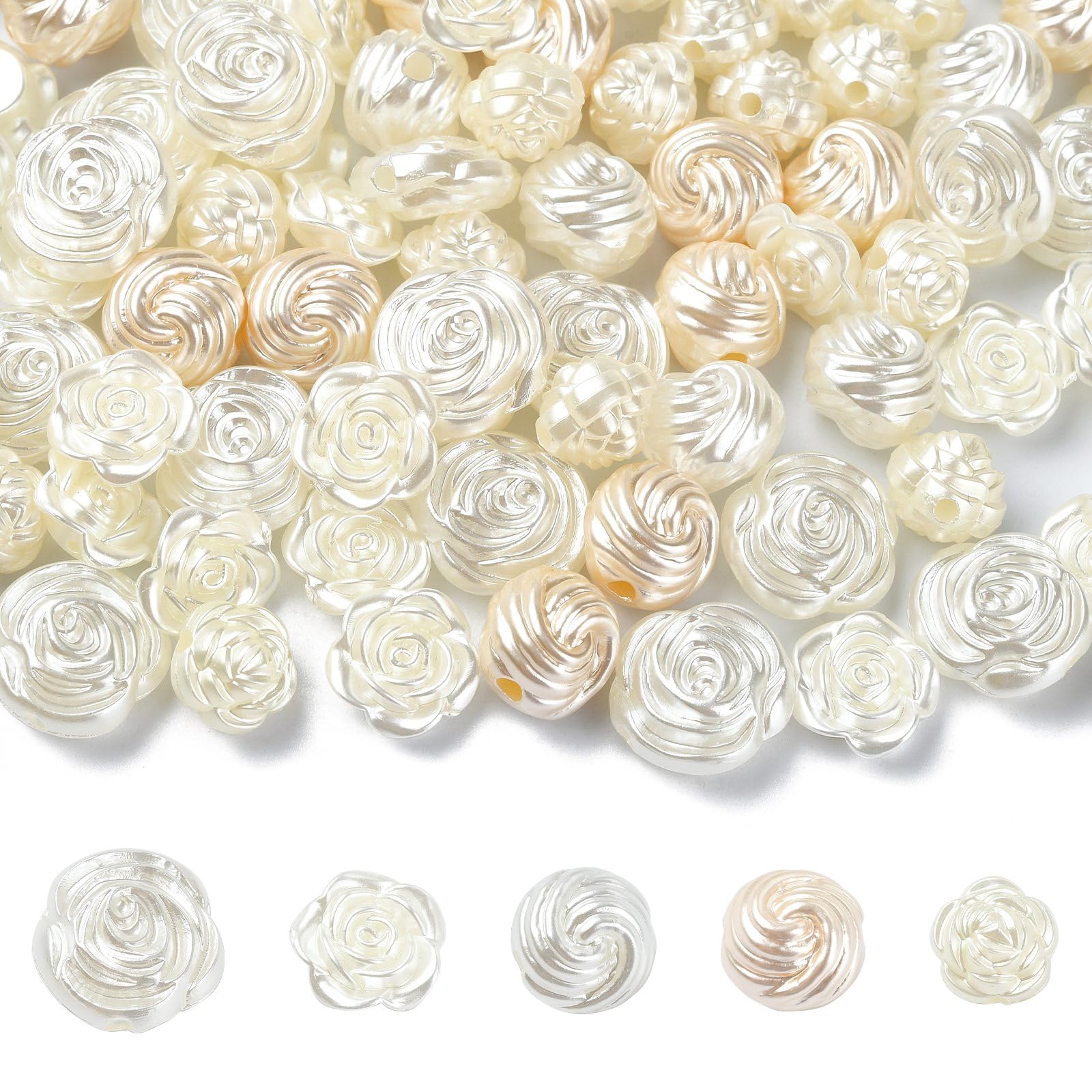 UR URLIFEHALL 200 Pcs 4 Styles ABS Plastic Imitation Pearl Beads White Rose Flower Beads for Jewellery Making Keychain Crafts Hairband โ image 1