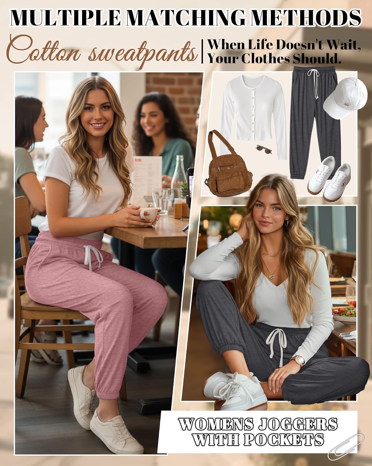 3 Pack Womens Sweatpants Lightweight Joggers Lounge Pants Casual Tapered Cuffs Elastic Drawstring with Pockets - Image 2