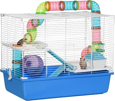 PawHut Hamster Cage w/Tubes Exercise Wheel, Water Bottle, Food Dish - Blue