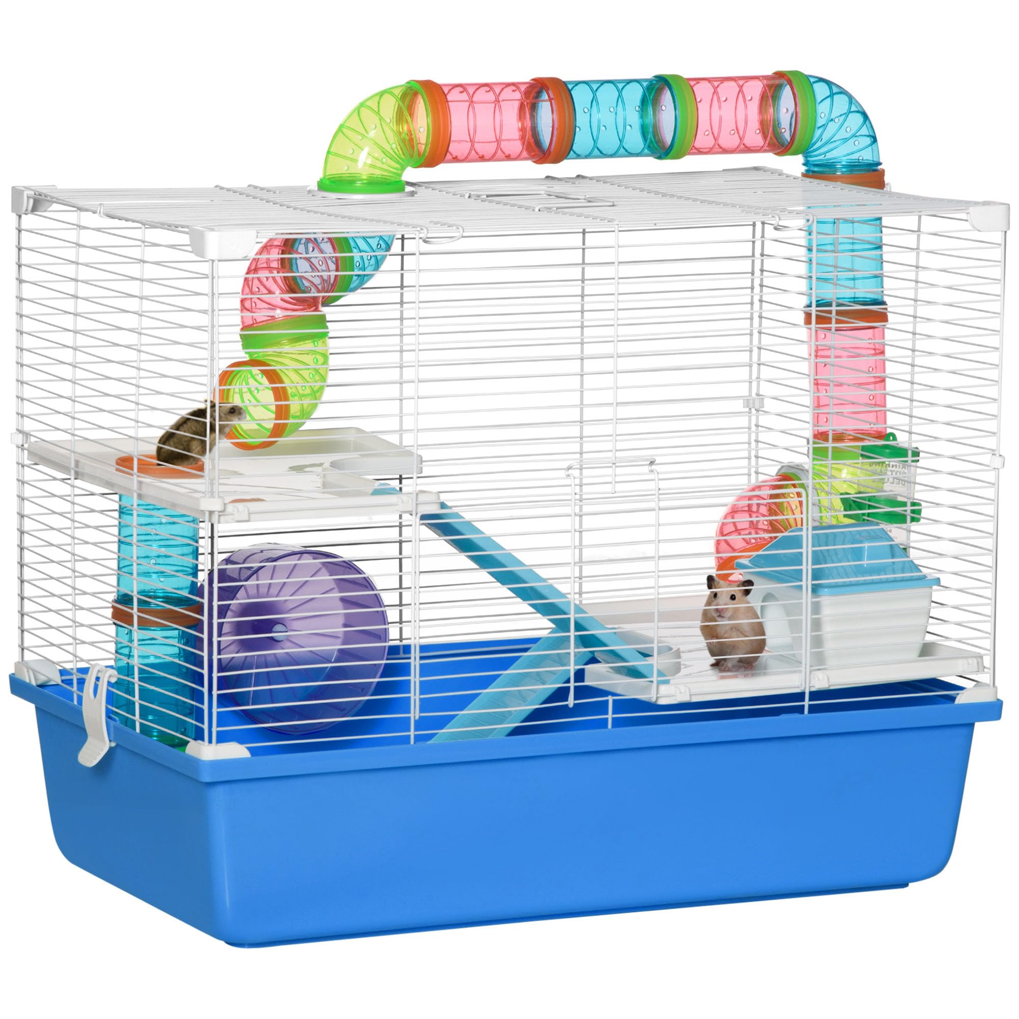 Pawhut Hamster Cage W/ Tubes Exercise Wheel, Water Bottle, Food Dish - Blue