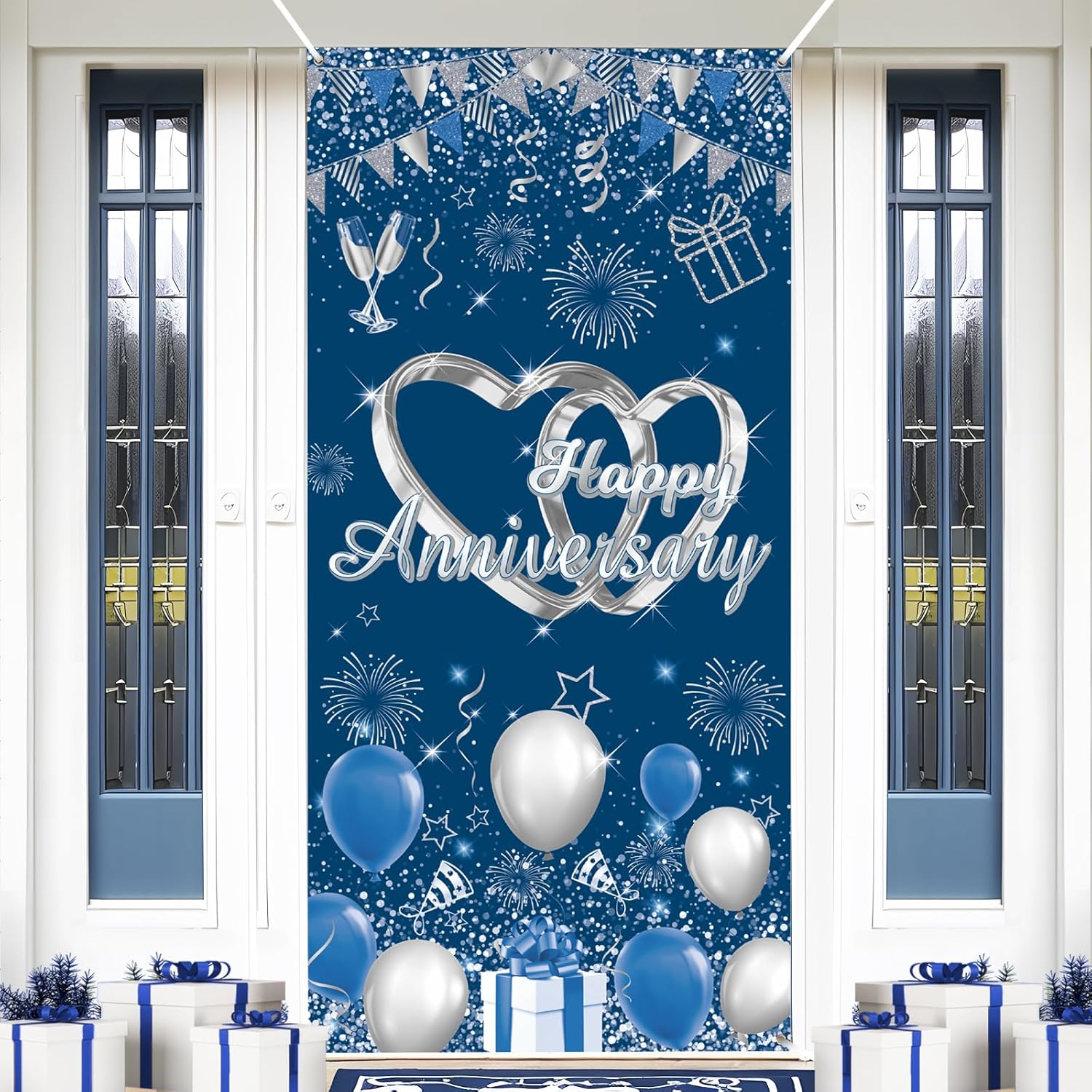 Blue Happy Weeding Anniversary Decorations Banner for Men Women, Navy Blue Silver Happy Anniversary Door Cover Banner Photo Backdrop for Wedding Party Decorations Supplies