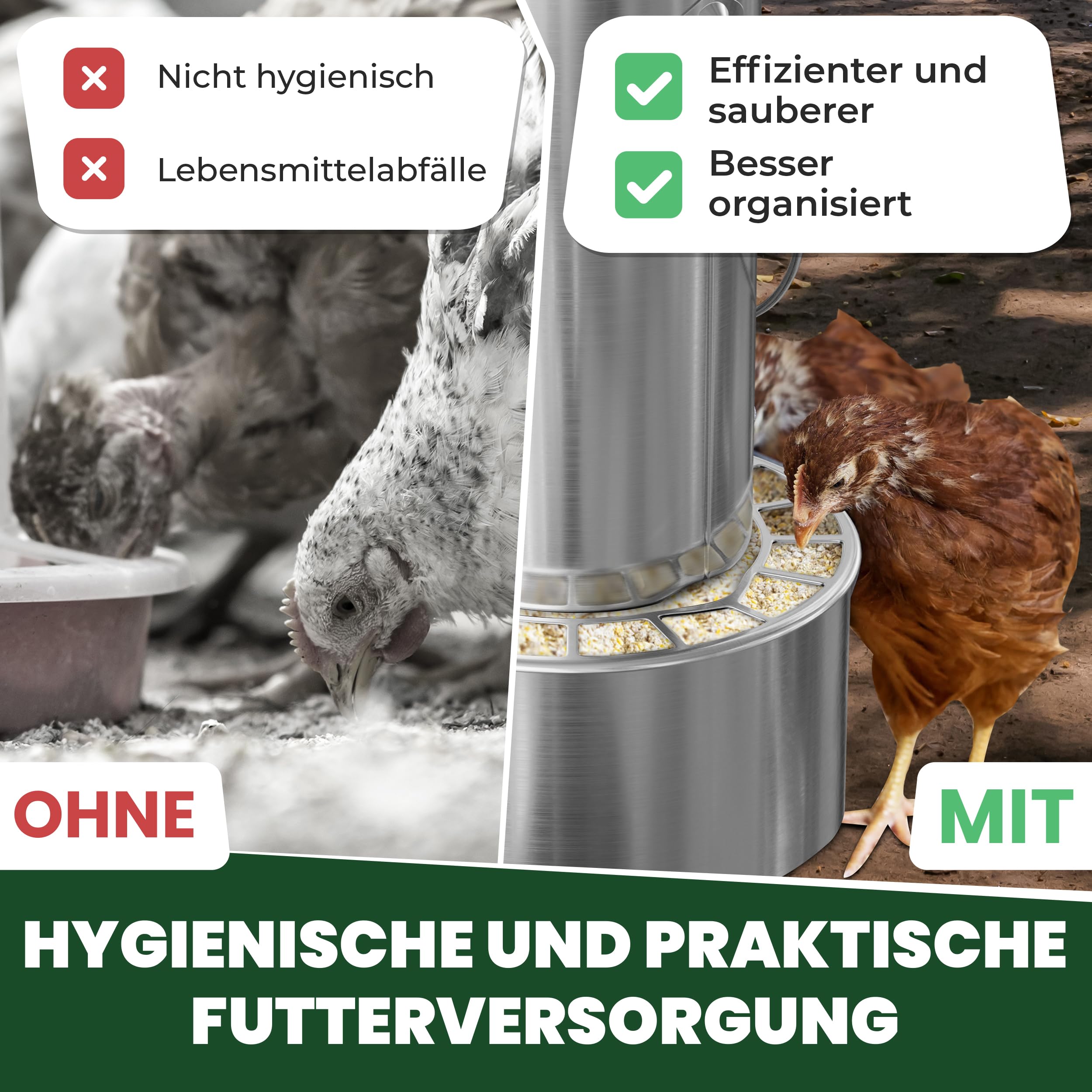 Edelstahl Futterautomat Hühner (4L / 8L / 12L Volumen) I Spart bis zu 40% Futter I aufhängbar & rattensicher I Abnehmbares klick-Gitter I Spülmaschinengeeignet I frei von scharfen Kanten