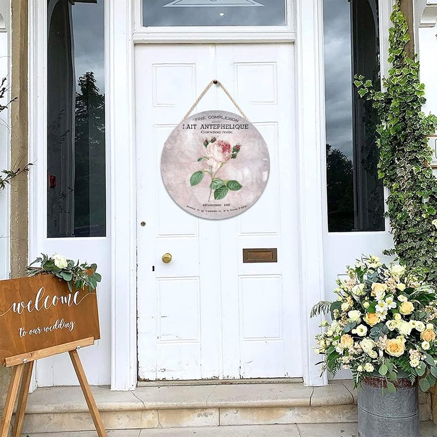 French Vintage Flower Round Door Hanger Sign, Vintage Wood Door Sign, 16x16in Rose Wall Door Hanging Sign Decor for Outdoor Front Porch Front Door Housewarming Gifts