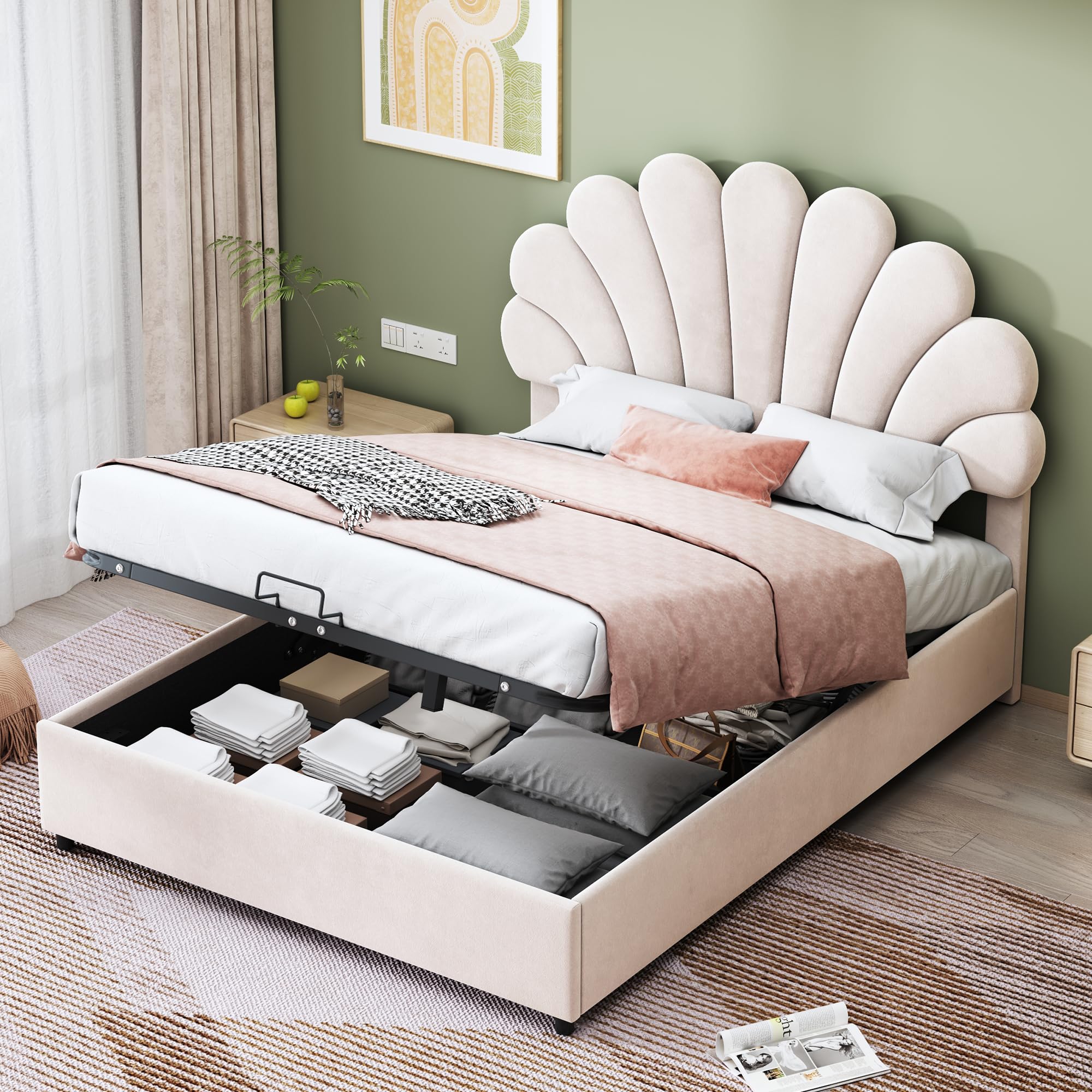 Soweiz Letto contenitore imbottito 140x200 cm, con testiera floreale e rete ortopedica, con testiera regolabile in altezza e contenitore idraulico, tessuto in velluto ipoallergenico (contenitore