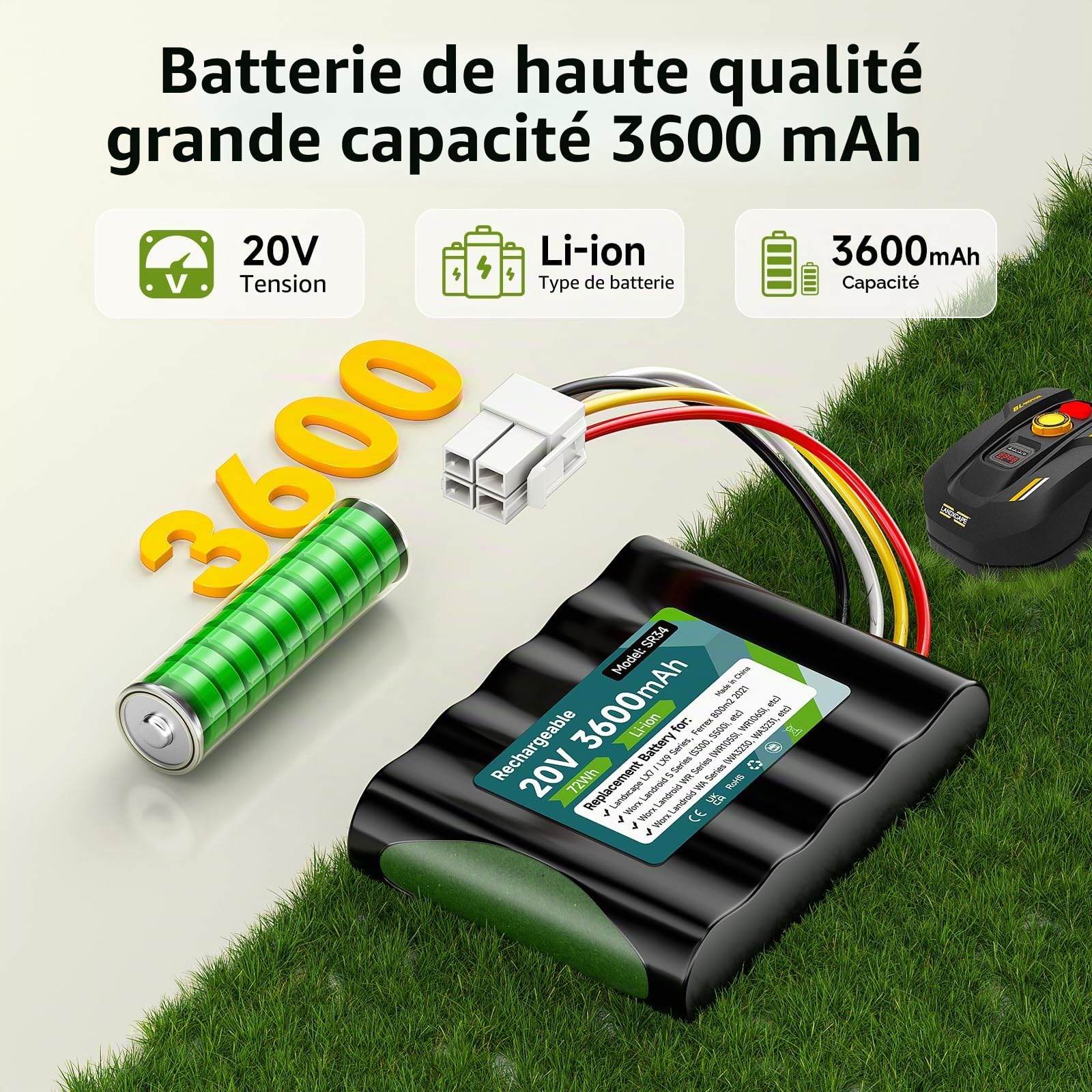 20V 3500MAH Batterie pour Worx Landroid S Basic, S450i, S500, WA3230, WR101SI, WR102SI, WR105SI WR105si.1, WR106SI, WR115mi, Landxcape LX7 / LX9 Series, 50032492, Ferrex 800m2 2021