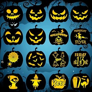 16 PCS Halloween Pumpkins Stencils Pumpkin Faces Stencil DIY Pumpkin Carving Stencil Templates Large Reusable Plastic Halloween Drawing Template for Pumpkins Design Spraying Wall Door, 7.87x7.87 inch