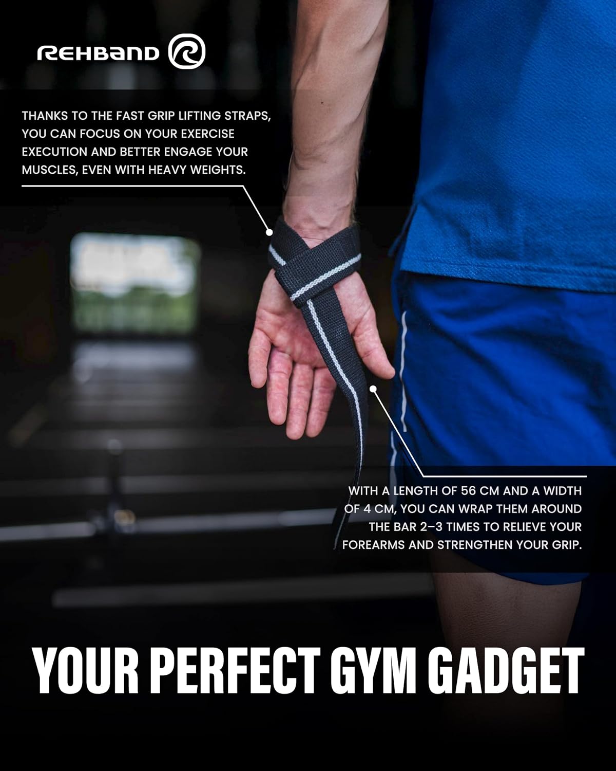 Rehband Lifting Straps for Strength Training, 1 Pair Fitness Pull Straps, 100% Cotton, 56cm Grip Support for Bodybuilding, More Grip Strength Weightlifting