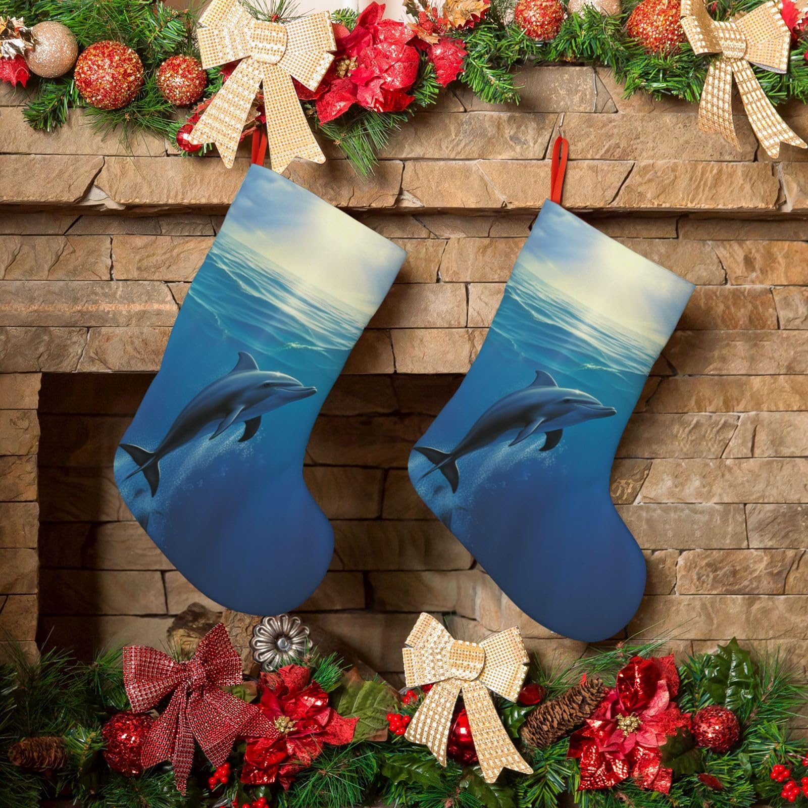 Dolphin Christmas Stockings 18 Inches Velvet Xmas Fireplace Hanging Stocking Rustic Christmas Santa Stockings for Home Christmas Decorations Party Favor Supplies