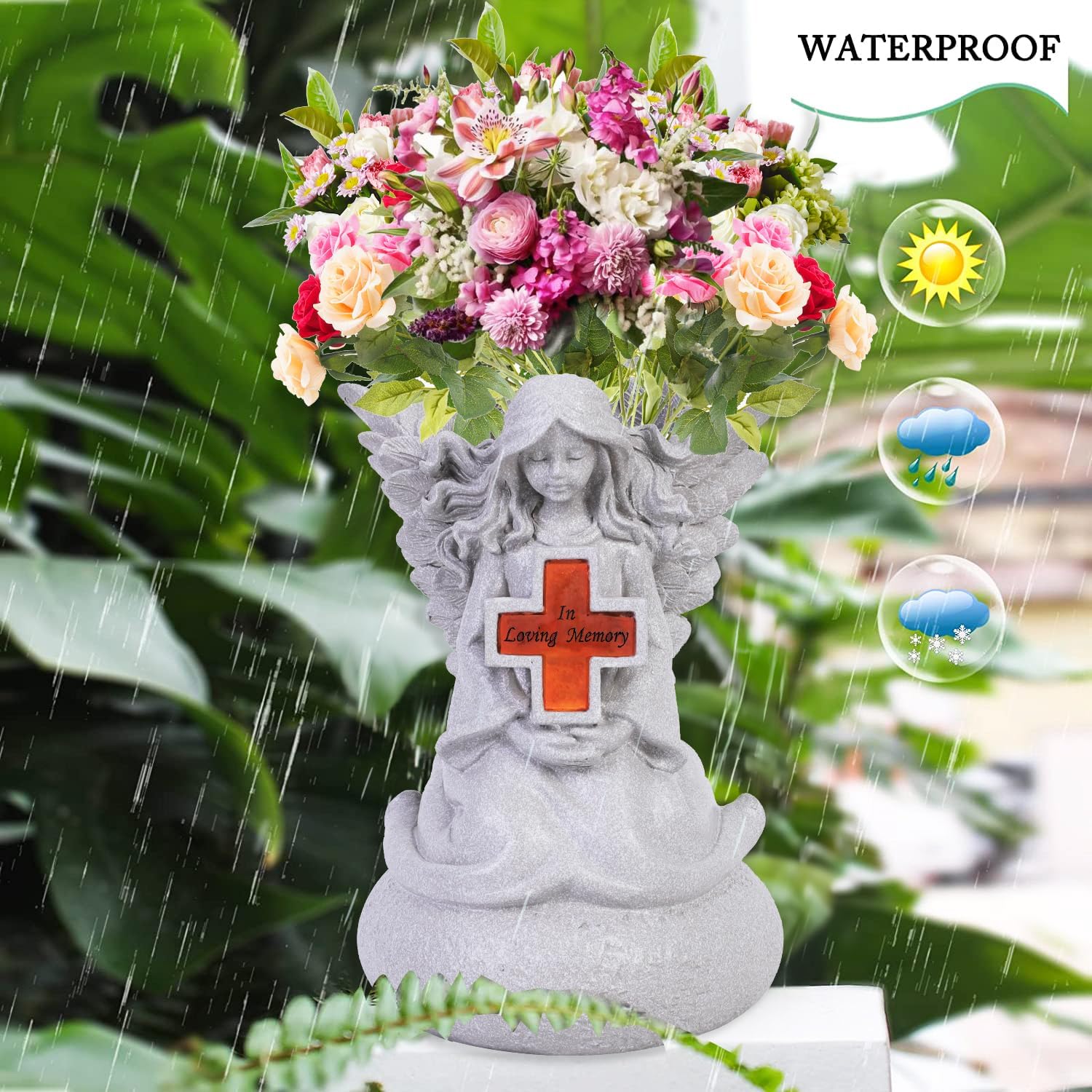 Cemetary Grave Decorations,Garden Angel Statue Vases with Cross Solar LED Light,Human Memorial Gifts,in Memory of Loved One,Condolence,Bereavement Gifts.