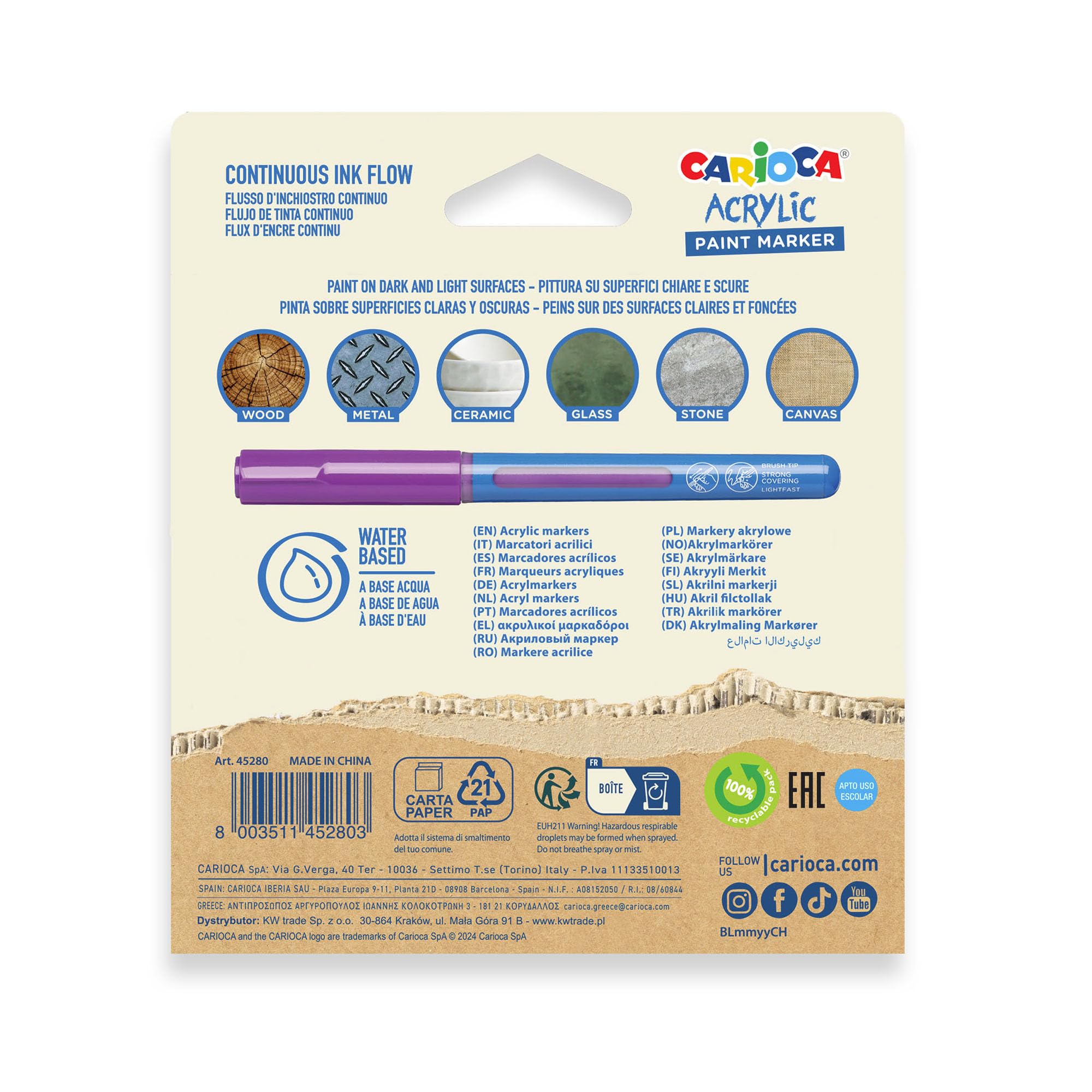 Carioca Paint Marker Acrilici - Set 5 Pennarelli Con Punta A Pennello, Inchiostro Coprente Resistente Per Legno, Vetro, Metallo - 6