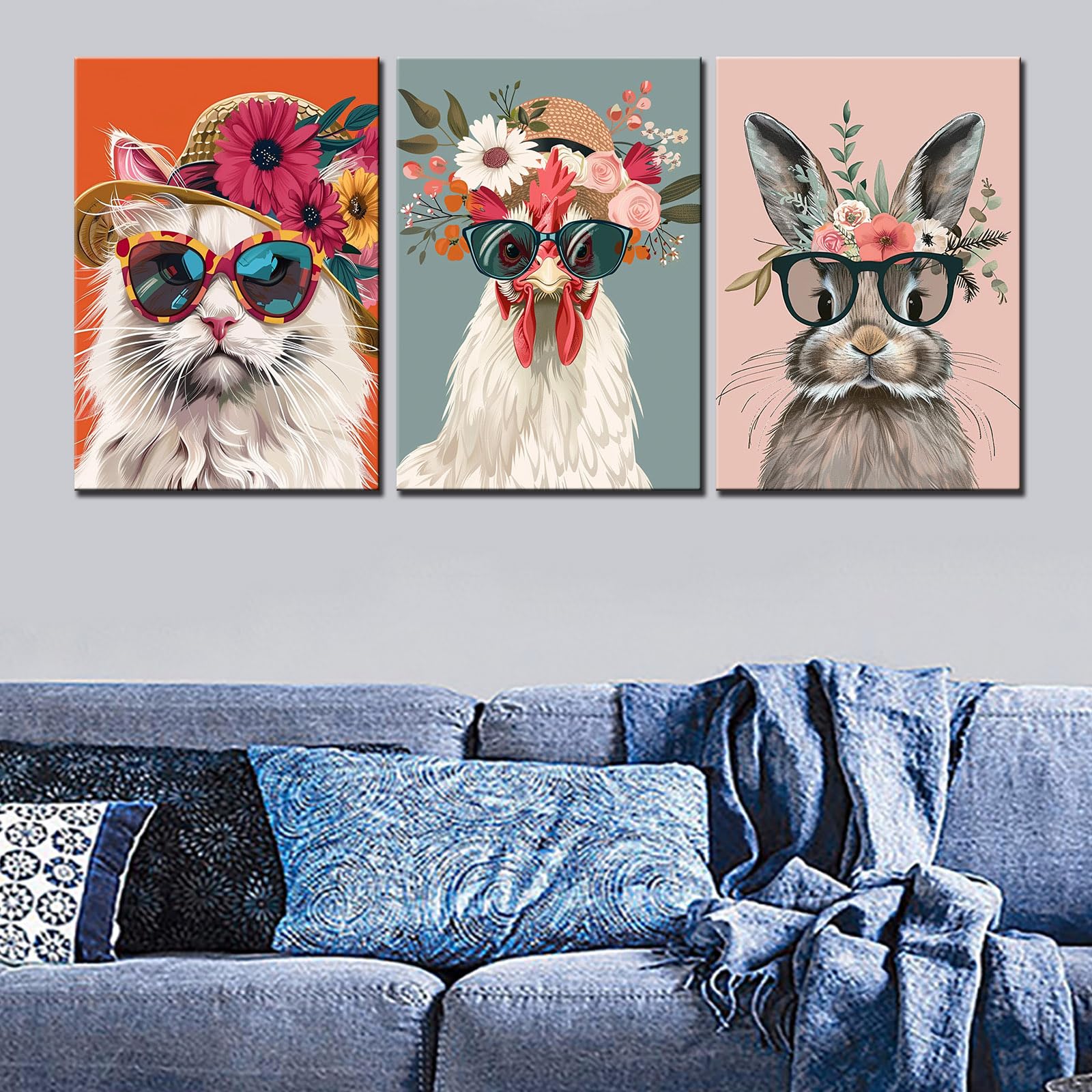 Cute Funny Animal Canvas Wall Art for Living Room Decor 3 Pcs Rooster Cat Rabbit Wear Sunglasses Paintings Animal Flowers Artwork Decor Wall Pictures Kitchen Wall Decor Framed Ready to Hang 42”Wx20”H - Image 3