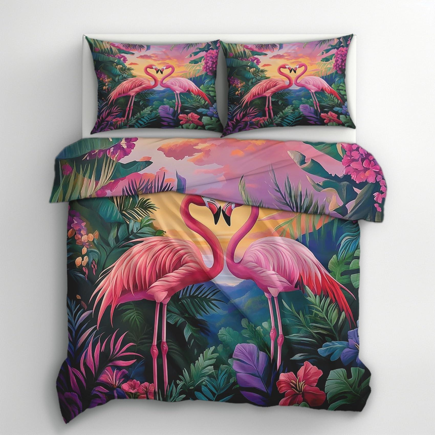 Housse de couette 220x240 tropicale et parure flamant rose adulte pour lit 2 personnes