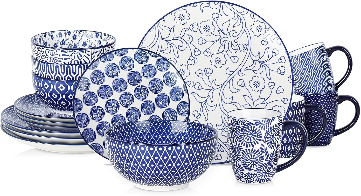 Selamica Ceramic Dinnerware Sets for 4, 16 Pieces Dishes Set, Scratch Resistant Plates and Bowls Sets, Microwave and Dishwasher Safe (Vintage Blue) A
