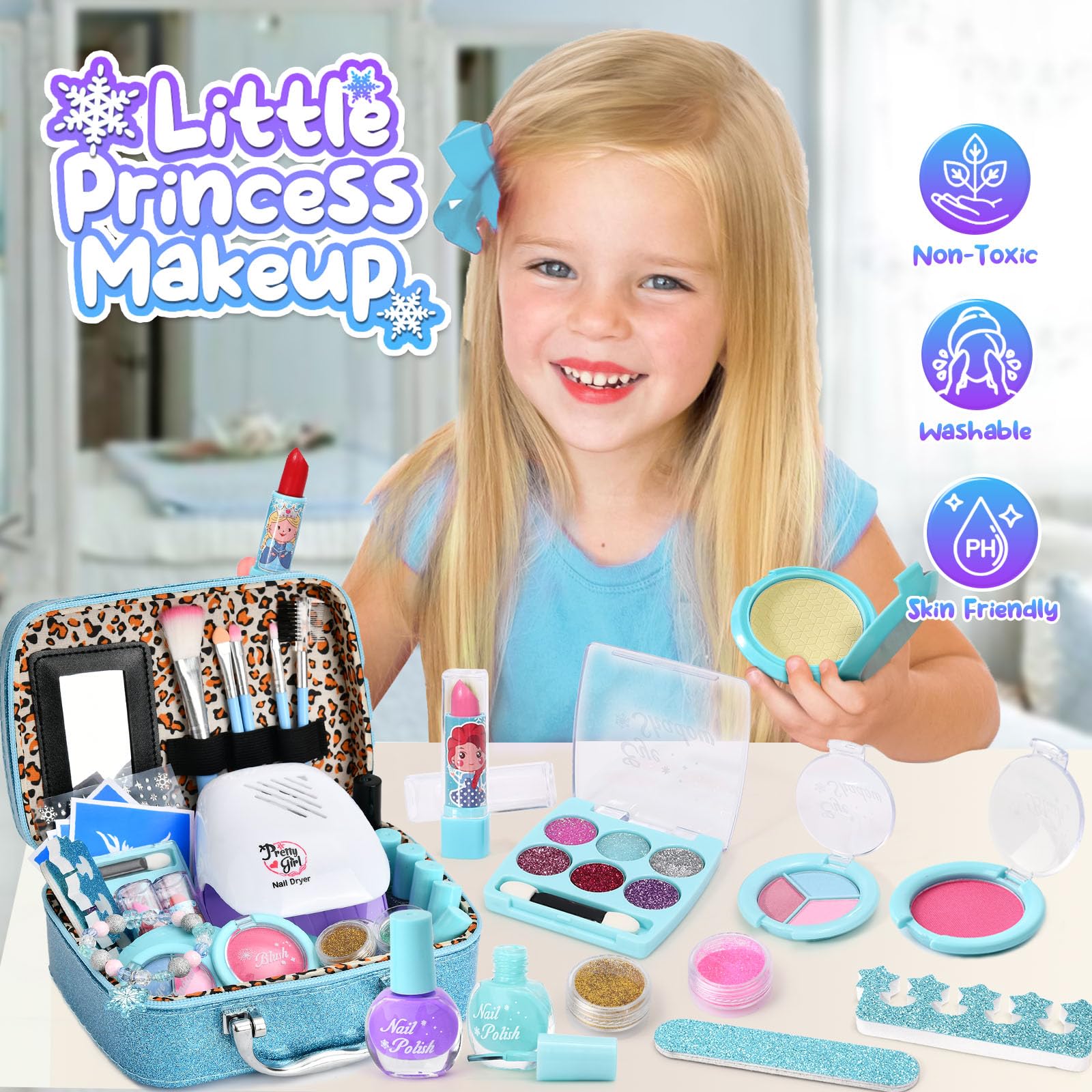 G.C Reine des Neiges Jouet Cadeau Fille 4 5 6 7 8 Ans, Kit Maquillage Enfant Fille avec Séchoir à Ongles Vernis à Ongles Tatouage Paillettes, Coffret Maquillage Nail Art Cadeau
