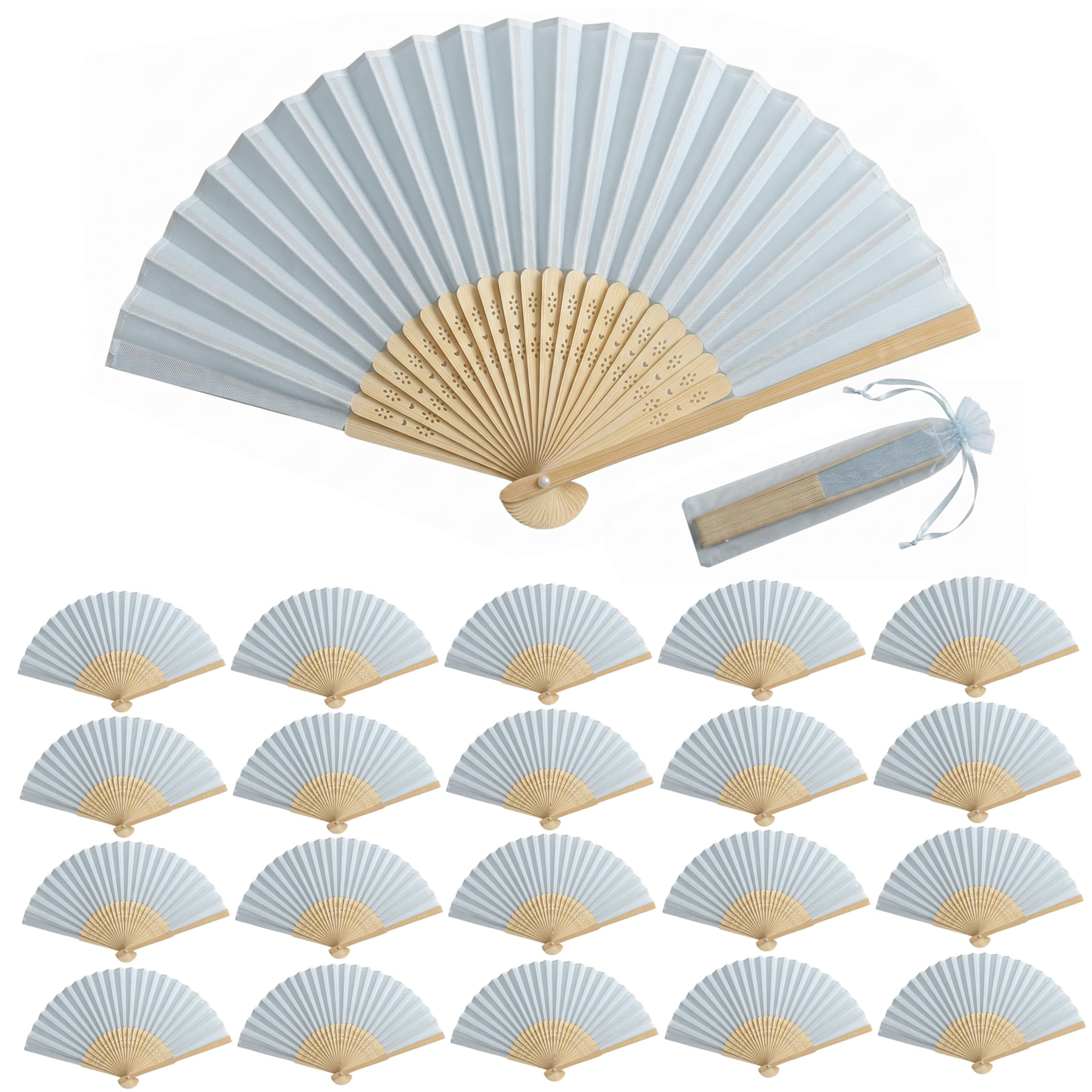 Bemonew Light Blue 20 Pack Fans Bulk, Elegant Wedding Fans For Guests Handheld Foldable Silk-Like With Bamboo Handles & Storage Bag For Wedding/Party/Diy Craft,