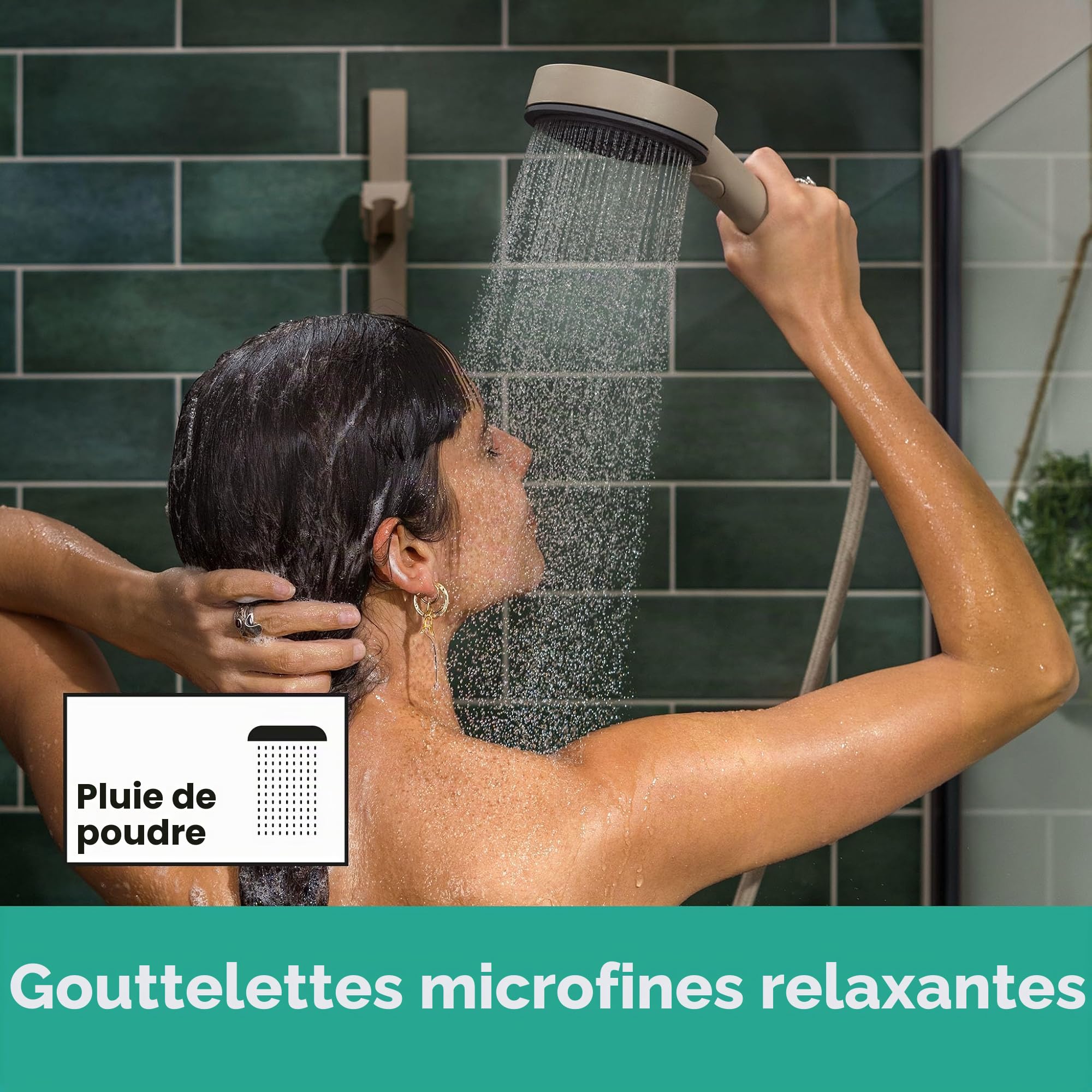 hansgrohe Pommeau de douche Pulsify Planet Edition Pommeau de douche économiseur d'eau 2 jets Fonction anticalcaire Sable recyclé, 26077210