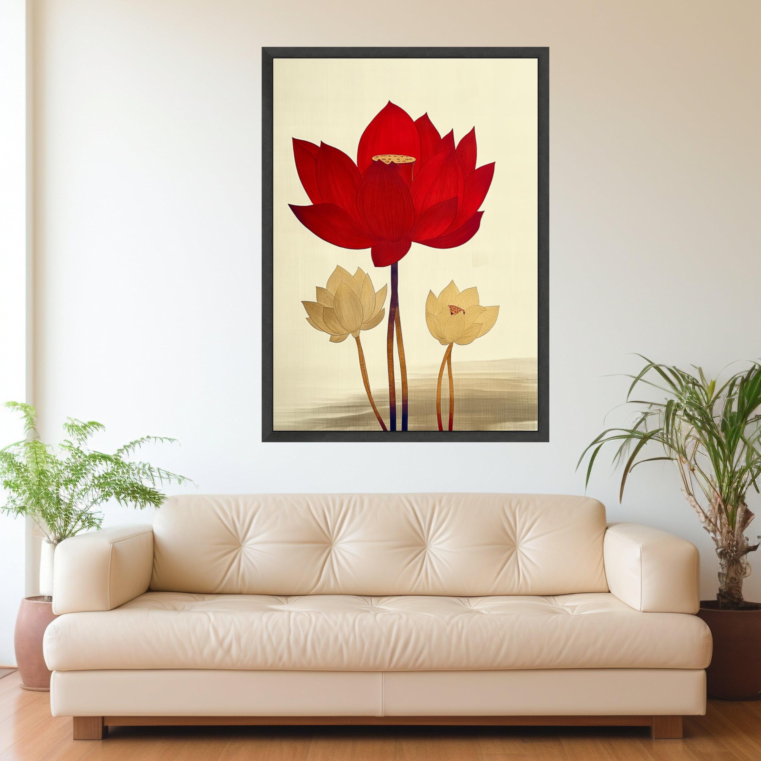 XINBAO Obraz na płótnie z czerwonymi i beżowymi kwiatami lotosu, kwiatowy nadruk botaniczny, dekoracja mieszkania Zen, uspokajająca ilustracja roślin (60 x 80 cm/rama wewnętrzna)