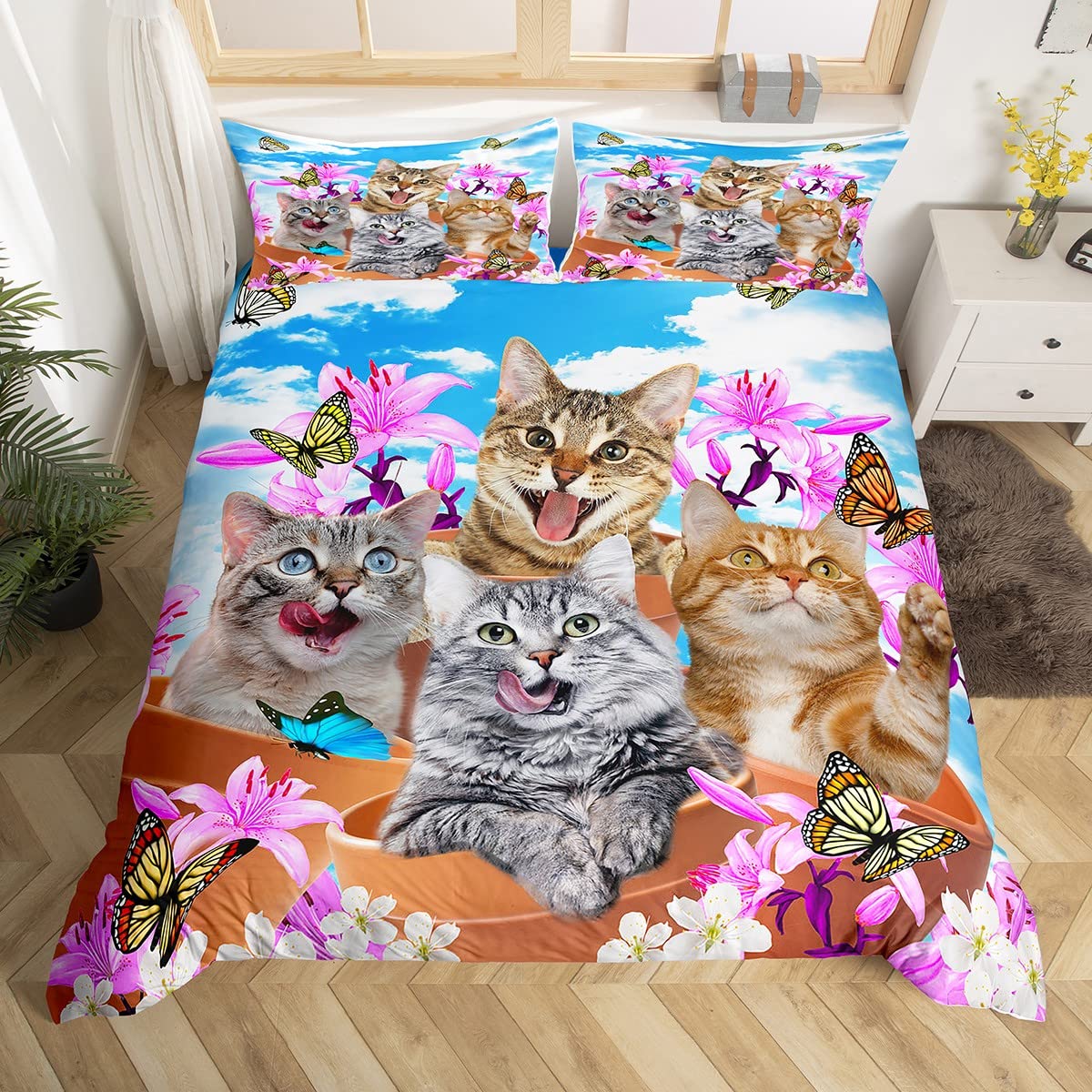 Kids Cute Cat Beds Set Cartoon Pet Cats Kittens Bedding Set Double Size Cat Lover Animal Theme Duvet Cover Set for Boys Purple Flowers Butterflies Print Room Decor Lovely — image 1