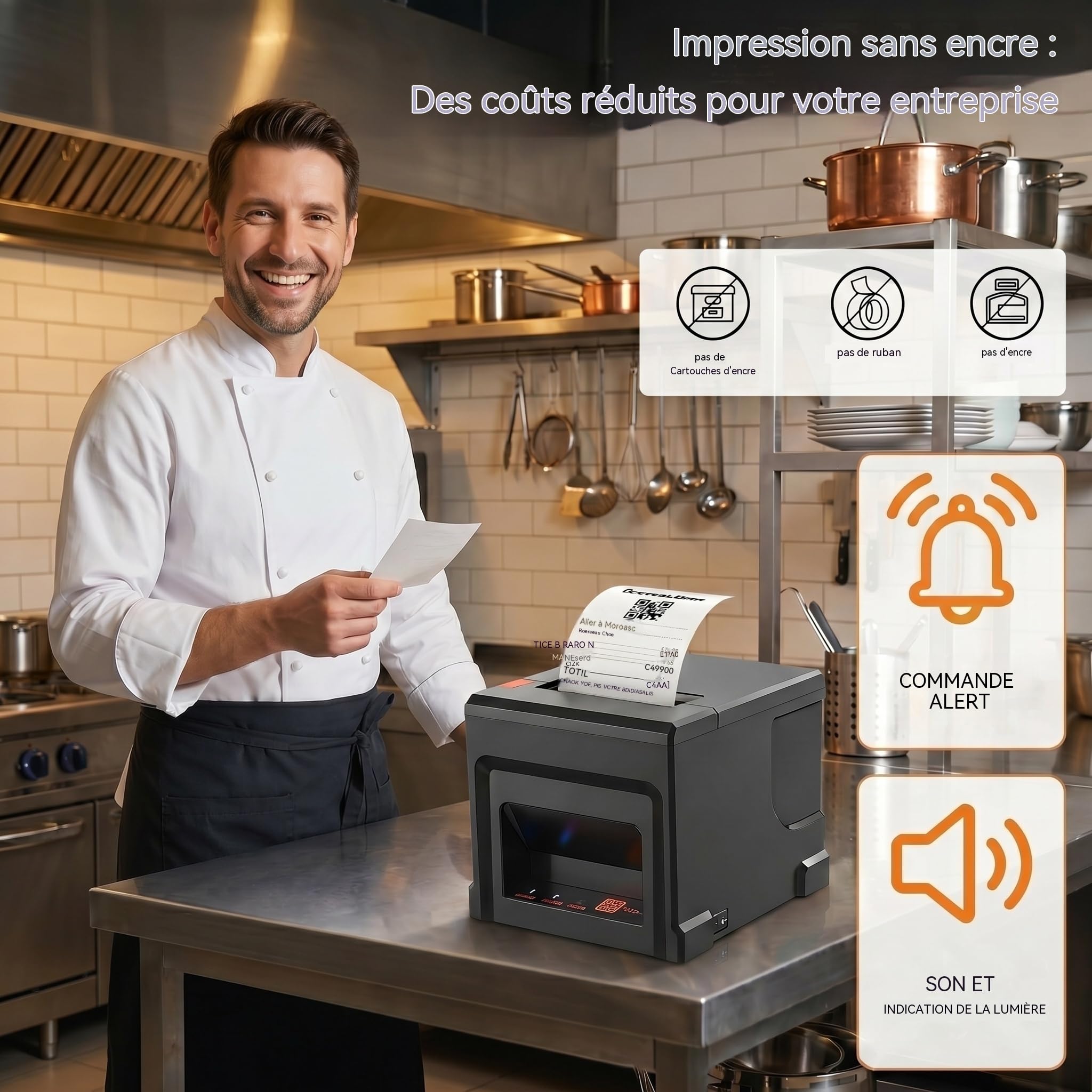 Imprimante de Reçus POS 80mm Bluetooth, Imprimante Thermique USB, Compatible avec Windows/Mac, Idéale pour la Restauration et Le Commerce de Détail