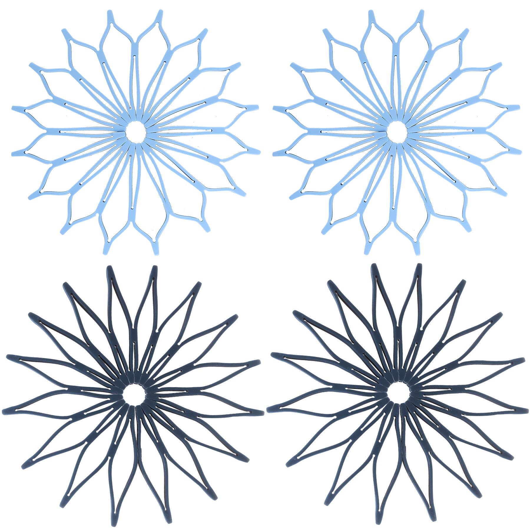 Silicone Trivet Mat - 4pc set Hot Pot Holder Hot Pads for Pans Mug Holders for Counter, Durable Non Slip Coasters Teapot Trivet, Blue+Grey