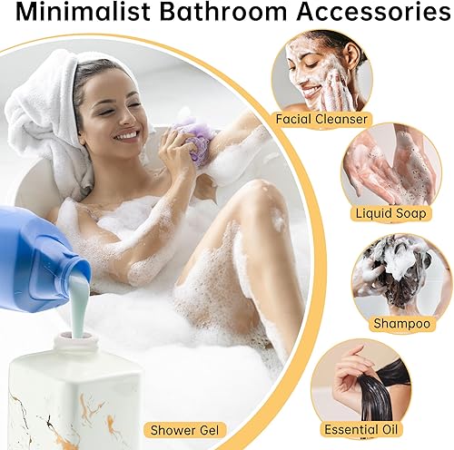 Miniatura 6 de Dispensador de jabón dorado para encimera de baño, botella dispensadora de jabón cuadrado blanco con rayas doradas para fregadero de cocina, loción