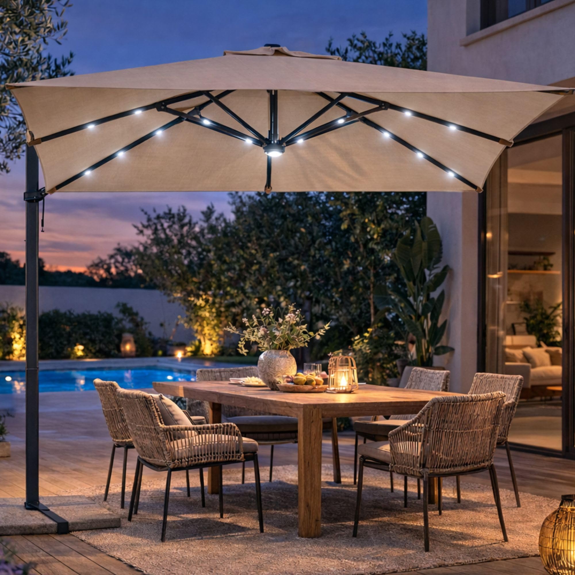 Gruppo Maruccia - Ombrellone da Giardino 3x3 Metri con Luci Led Solari - Palo Laterale in Alluminio - Telo Idrorepellente Resinato Color Ecrù