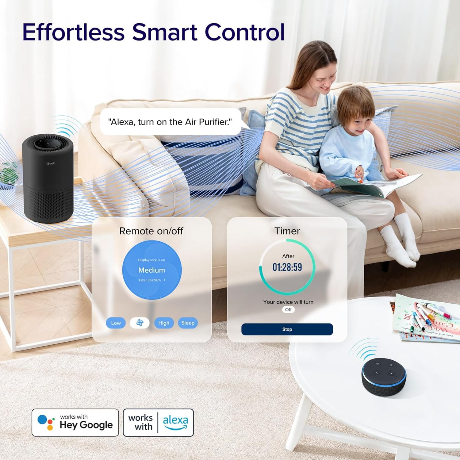LEVOIT Air Purifier for Home Bedroom, Smart WiFi Alexa Control, Covers up to 916 ft, 3-in-1 Filter with HEPA Sleep Mode for Allergies, Pollutants, Smoke, Dust, 27dB Quiet, Core 200S-P, Black Black WIFI enabled Purifier