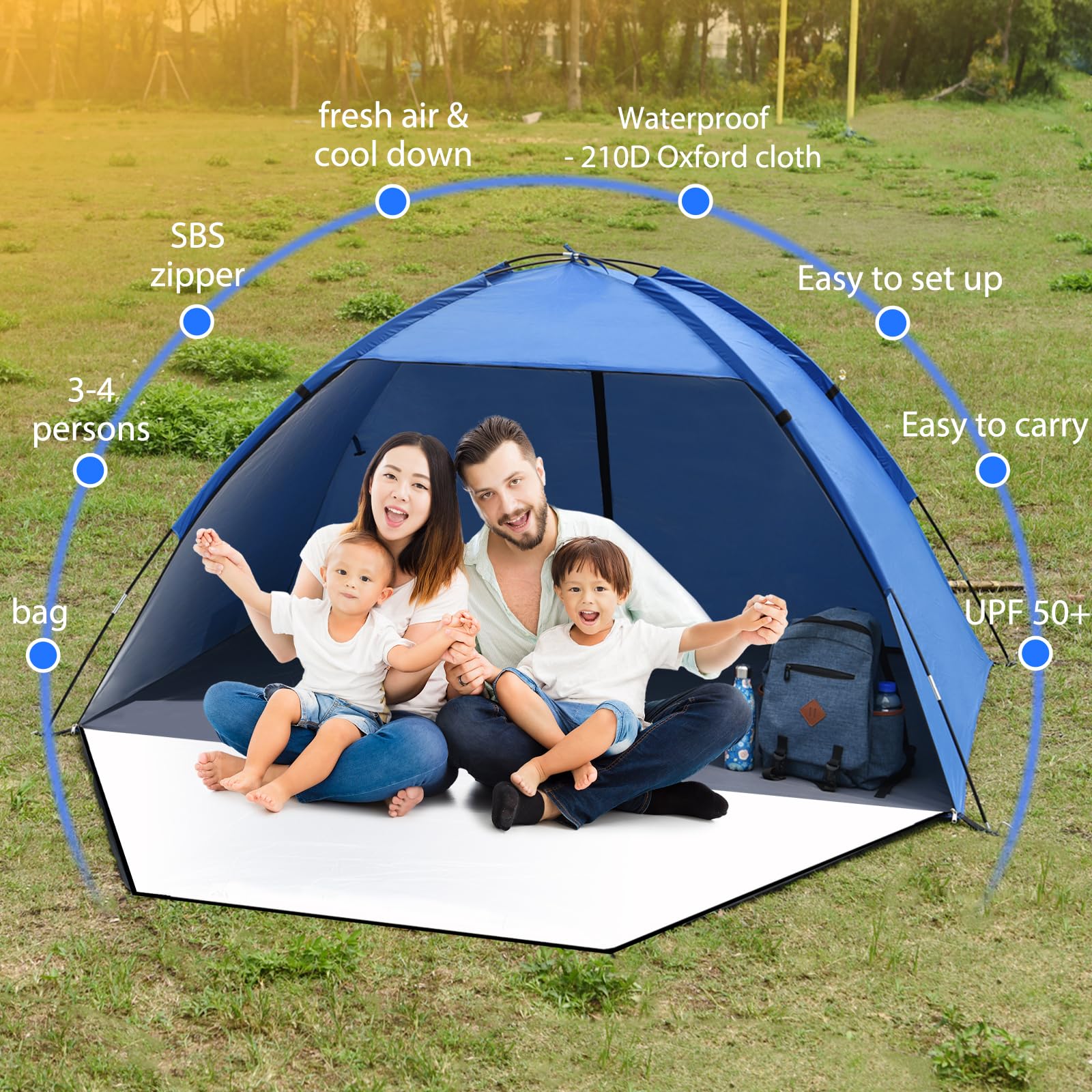 Tenda da Spiaggia, Tenda Mare Spiaggia Portatile per 3-4 Persone Anti-UV 50+ con Portico Esteso con Cerniera Leggero per Picnic, Spiaggia, Giardino, Pesca