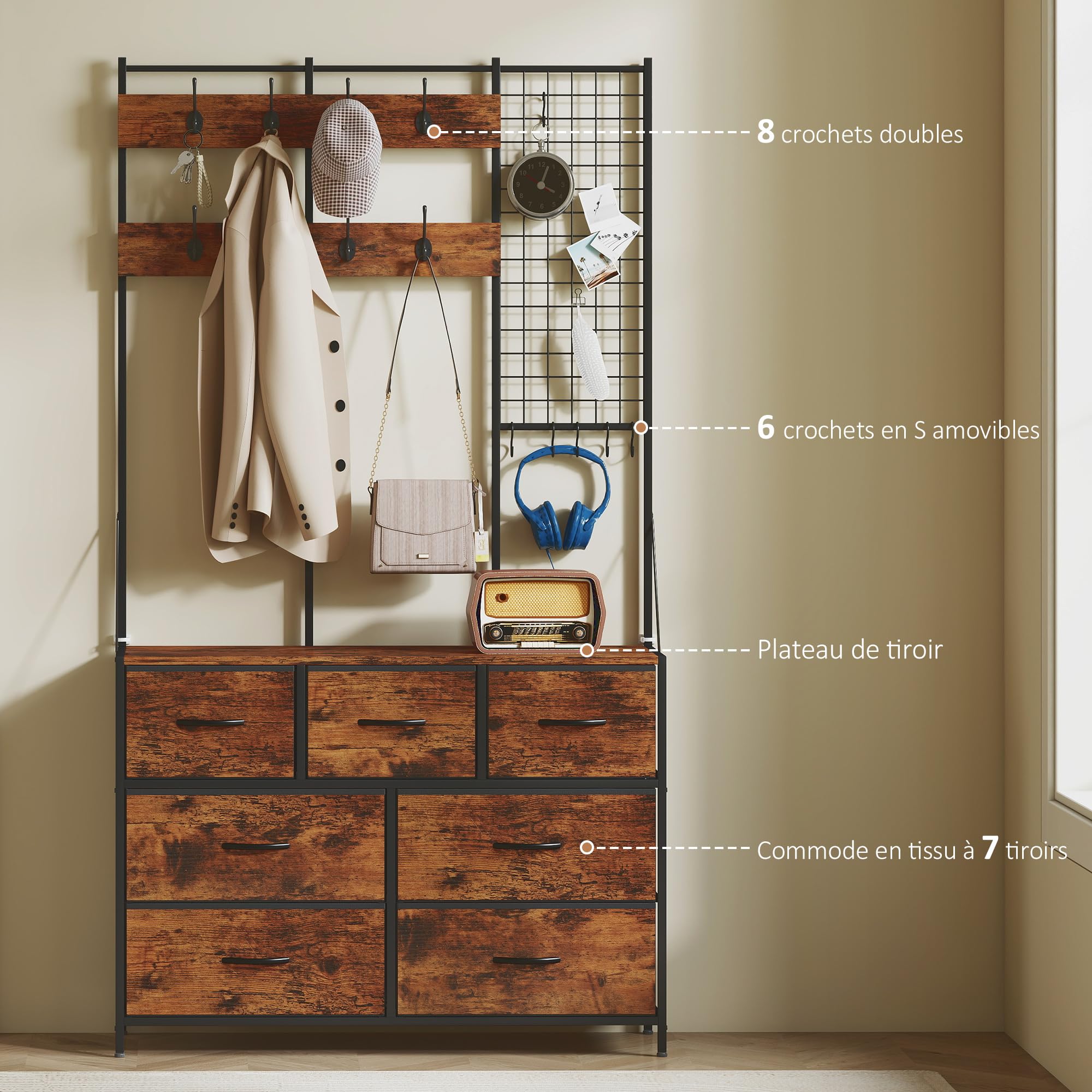 HOMCOM Meuble d'Entrée 4 en 1 Portemanteau Vestiaire Noir Brun Rustique | 7 Tiroirs Pliables en Tissu, 14 Crochets, Style Industriel, pour Couloir Entrée Chambre