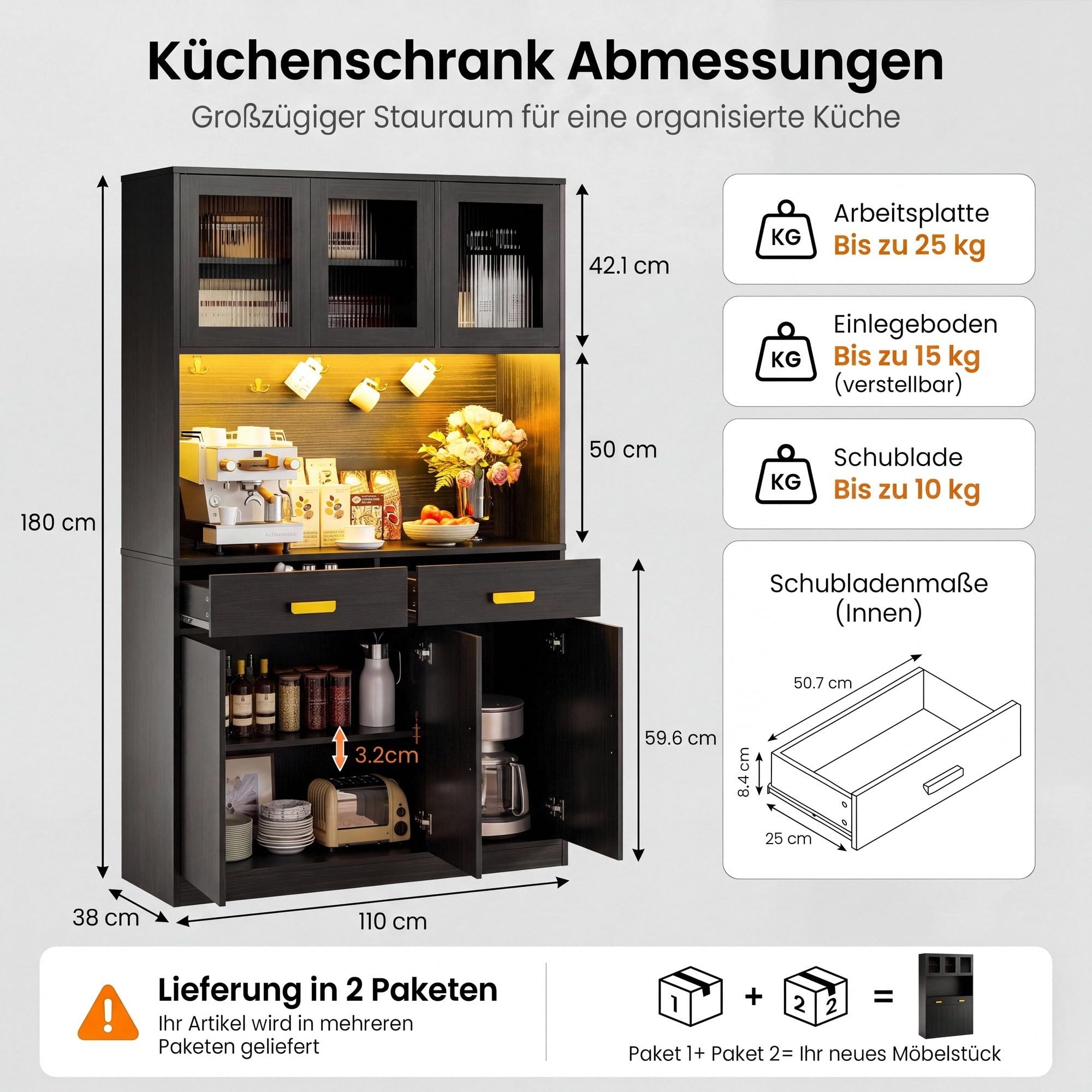 IRONCK Küchenschrank mit Arbeitsplatte, Küchenbuffet mit Steckdose, Schwarz