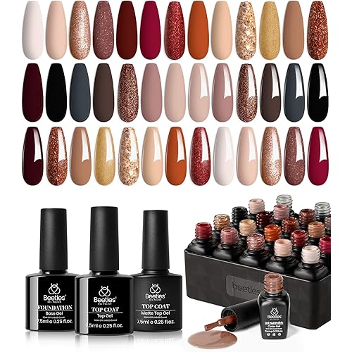 Beetles Gel Nail Polish Set, 23Pcs Brown Burgundy Red Nude Pink Gel Polish Set with Base Top Coat Verse of Roses Kit, Soak off Uv Gel Golden Glitter Holiday Nail for Women
