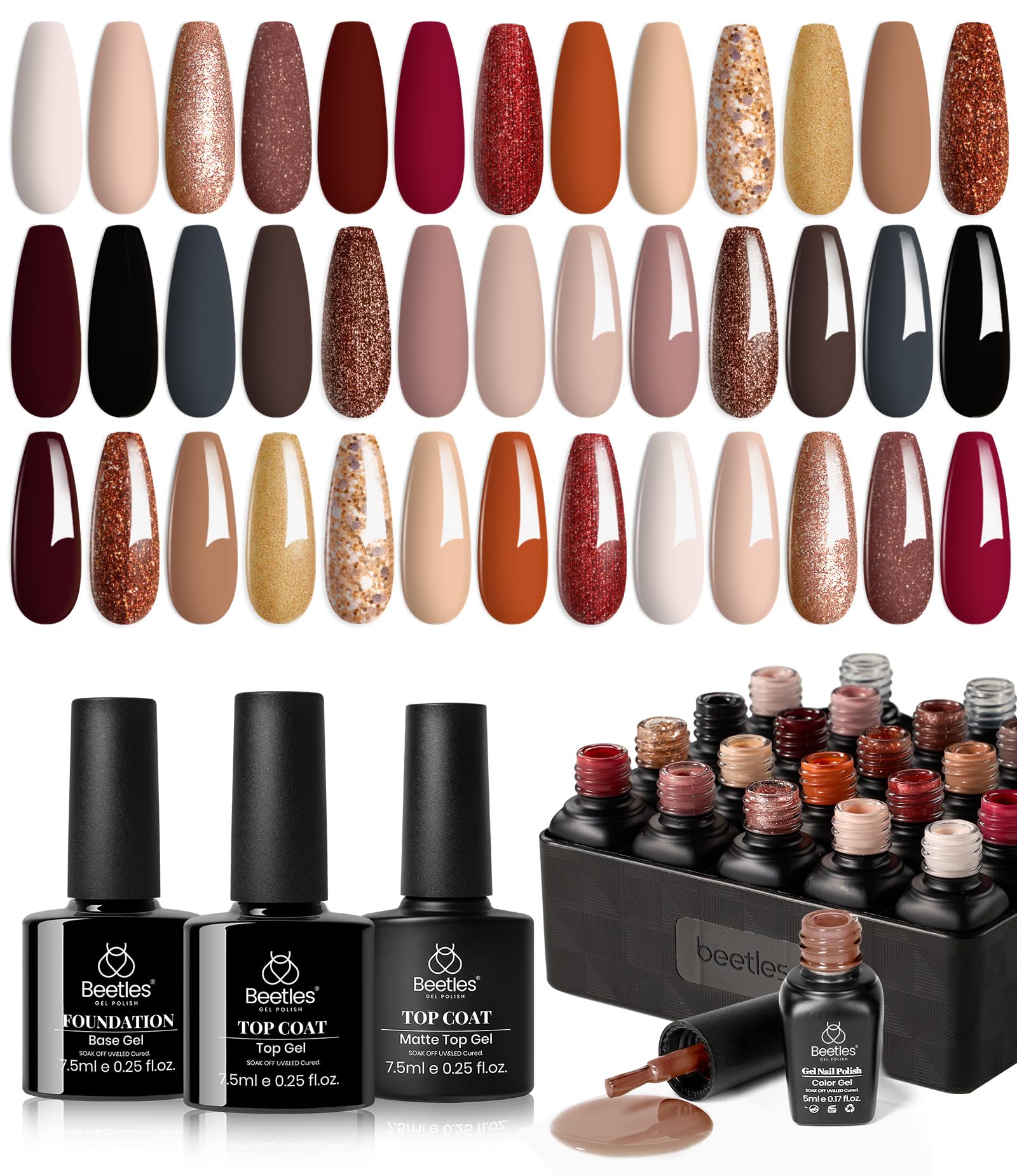 Beetles 23Pcs Gel Nail Polish Kit, Nude Pink Brown Burgundy Red Gel Polish Set with Base Top Coat Verse of Roses Kit, Soak off Uv Gel Golden Glitter Holiday Nail for Women