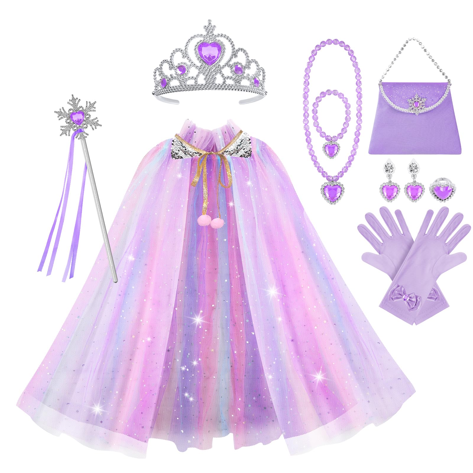 Vicloon Princess Cape Set, 11PCS Dress Up Clothes for Little Girls Includes Cape, Crown, Wand, Jewelry, Bag