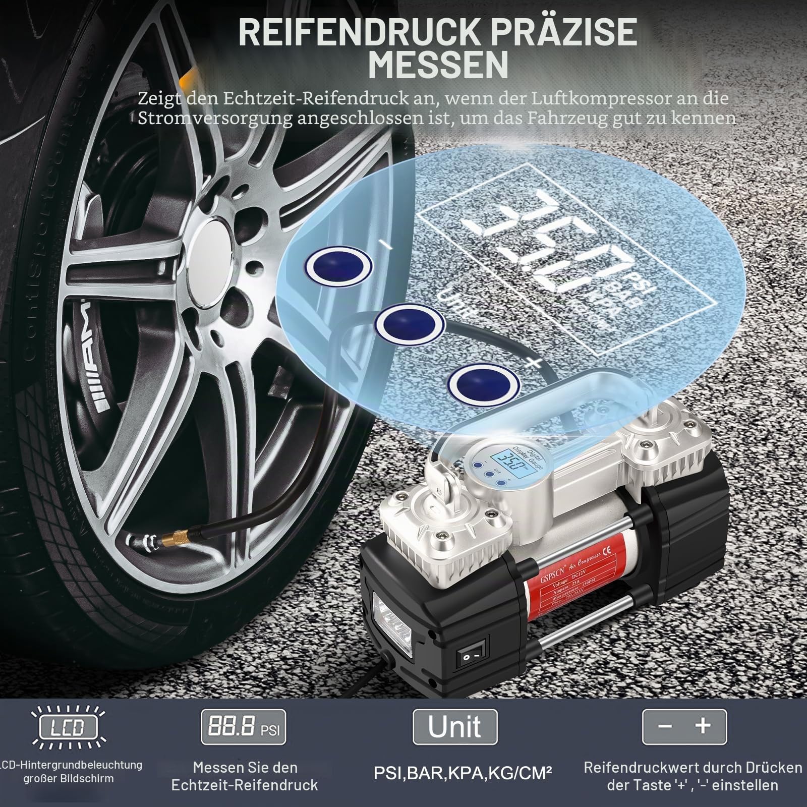GSPSCN Elektrische Luftpumpe 12V Tragbare Doppelzylinder Kompressor | 6x Schneller,LCD-Display Abschaltautomatik Reifenpumpe,Hochleistungs-Luftkompressor für PWK,SUV,LKW,Kleintransporter,Bälle