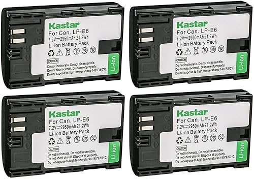 Kastar Paquete de 4 baterías de repuesto LP-E6 para Canon LP-E6, LP-E6N, LP-E6N Pro, LP-E6NH, LC-E6, cargador LC-E6E, Canon BG-E6, BG-E9, BG-E11,