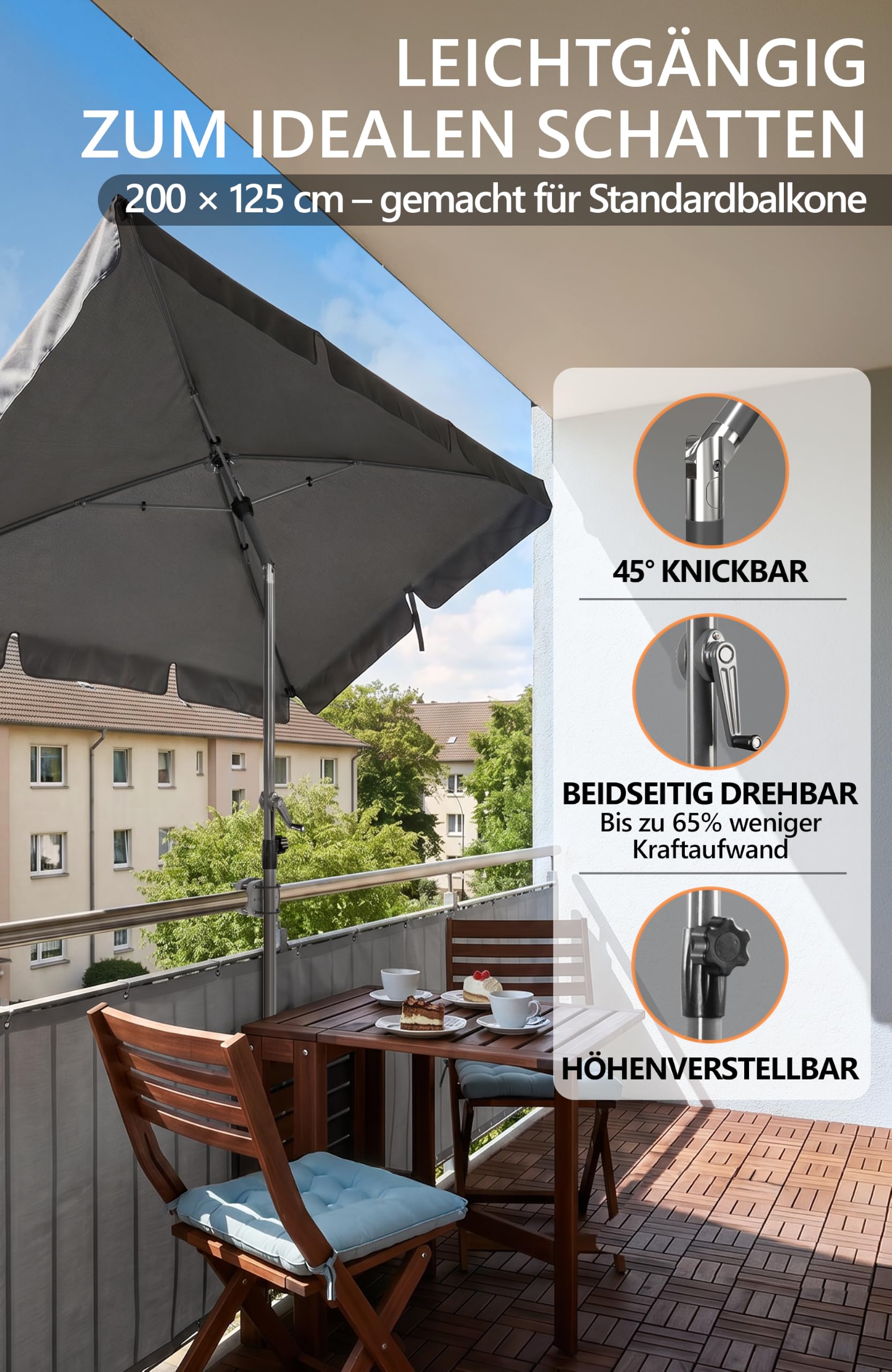 Menz Balkonschirm mit Kurbel, Sonnenschirm rechteckig 200x125 cm, Sonnenschirm Balkon, UV 50+ Sonnenschutz Balkon mit Schutzhülle mit Kurbel, knickbar und höhenverstellbar, Anthrazit