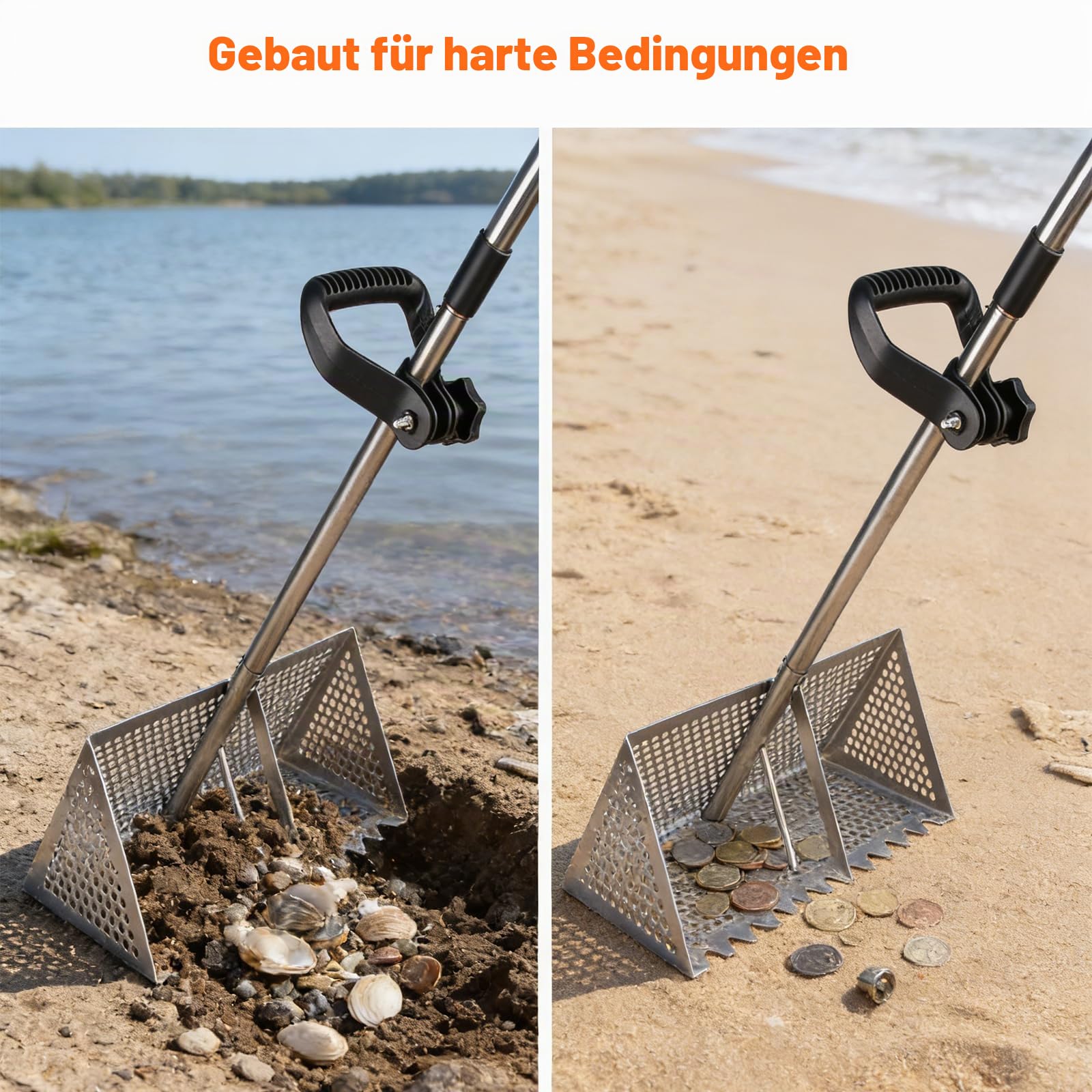 Edelstahl Strand Sandsieb, Strand Sandschaufel mit Muschelkorb, 133cm Einstellbar Sandschaufel Dreiteiliger Griff- 20×40 cm Korb, Sandschaufel Grabwerkzeuge (silber)
