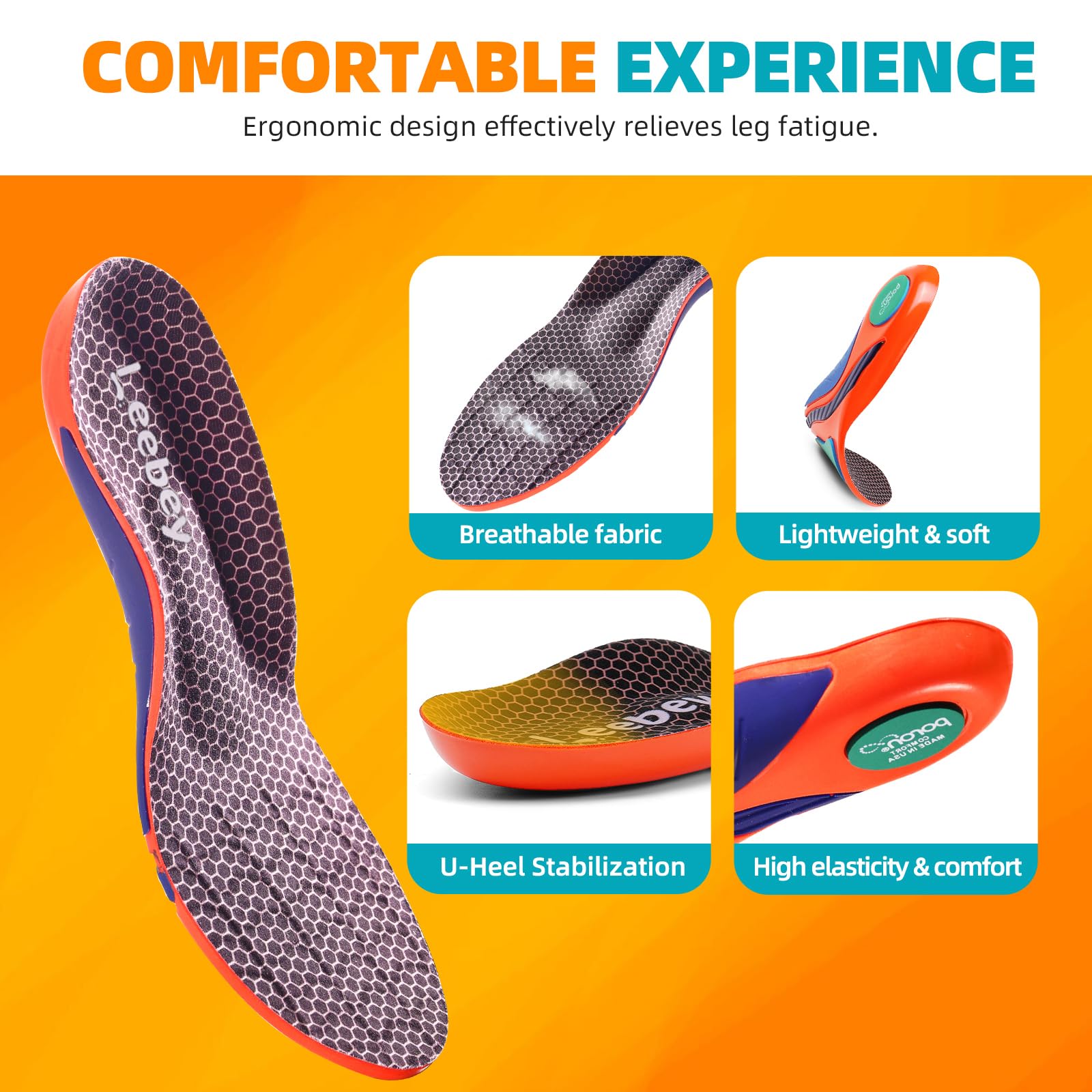 Plantillas Ortopédicas Hombres Mujeres Suaves Comodidad Soporte de Arc Plantillas de Zapatos para pies planos, dolor en los pies, fascitis plantar, dolor de talón, Espolones Naranja 41-42 EU