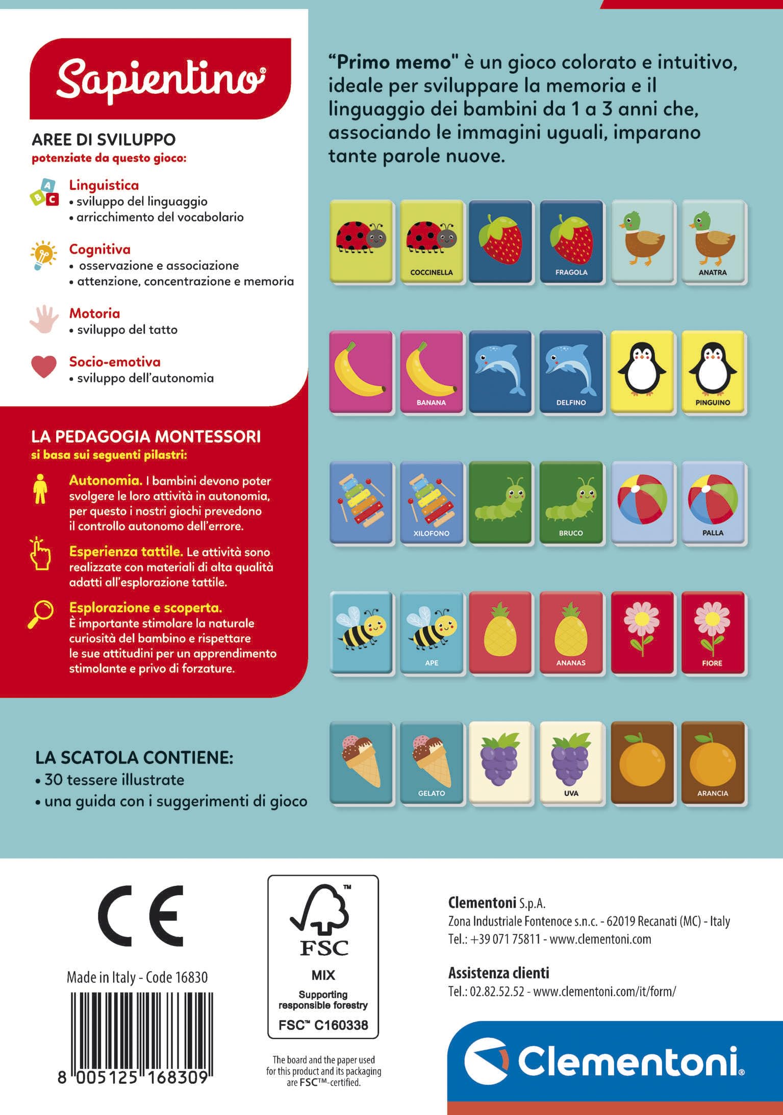 Clementoni Sapientino Baby Montessori - Carte Primo Memo, Gioco di Memoria Educativo Bambini 1-3 Anni, Carte Tattili per Sviluppare Linguaggio e Osservazione, Made in Italy, Lingua Italiana, 16830