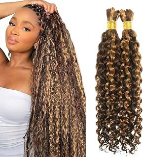 Honey Blonde Highlights 4/27 Deep Water Wave Braiding Hair for Boho Braids - 20 Inch, 2 Bundles, 100G Curly Bulk Human Hair for Bohemian Braids
