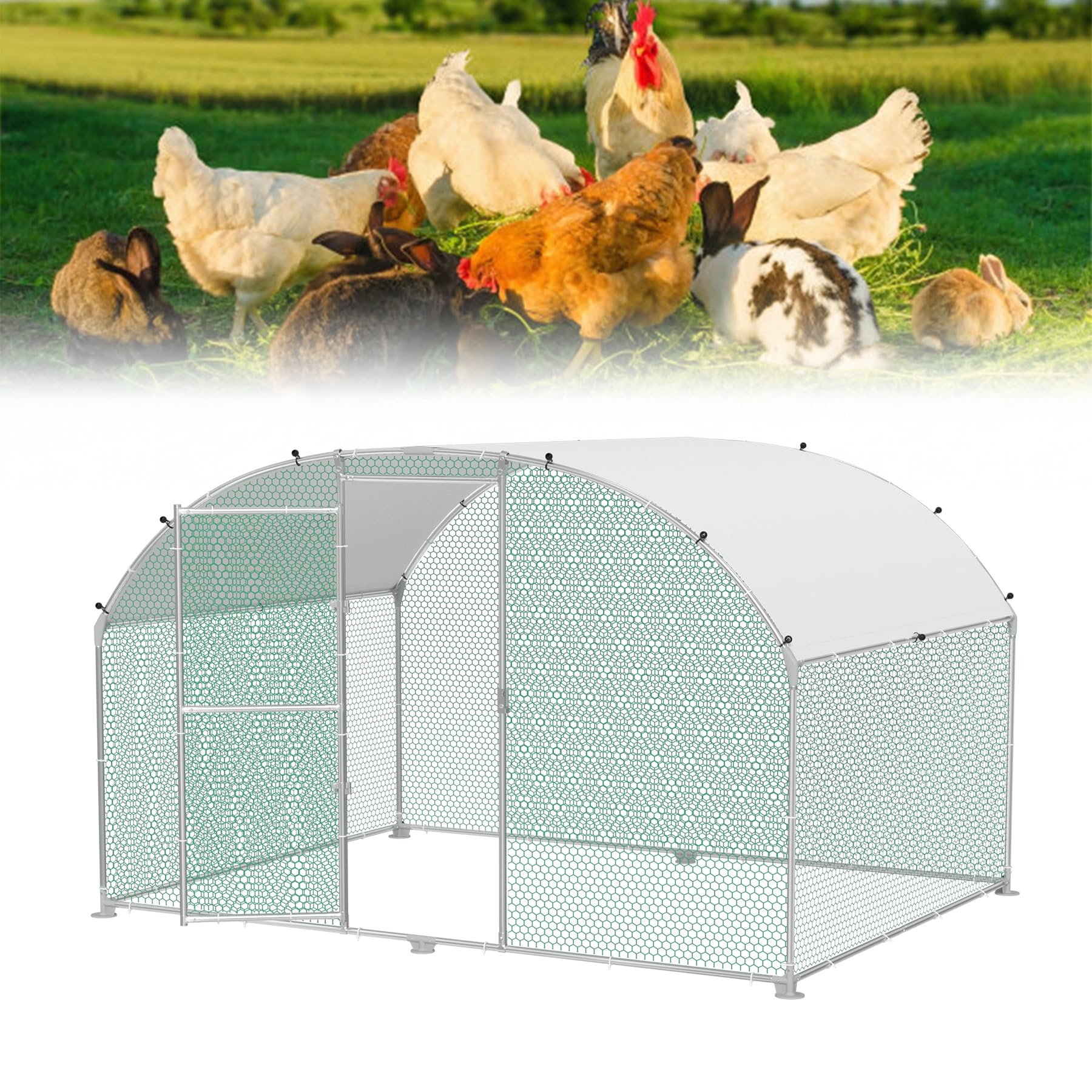 Froadp Gallinero de 3 x 2 m, de metal galvanizado, anillo de carrera con protección solar, techo y puerta con cerradura, gallinero para pollos, aves de corral y conejos