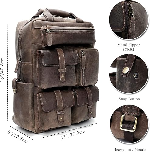 Miniatura 5 de LUXEORIA Mochila de cuero genuino para hombres y mujeres, estilo retro, mochila de cuero para hombre, bolsa de cuero para computadora portátil para