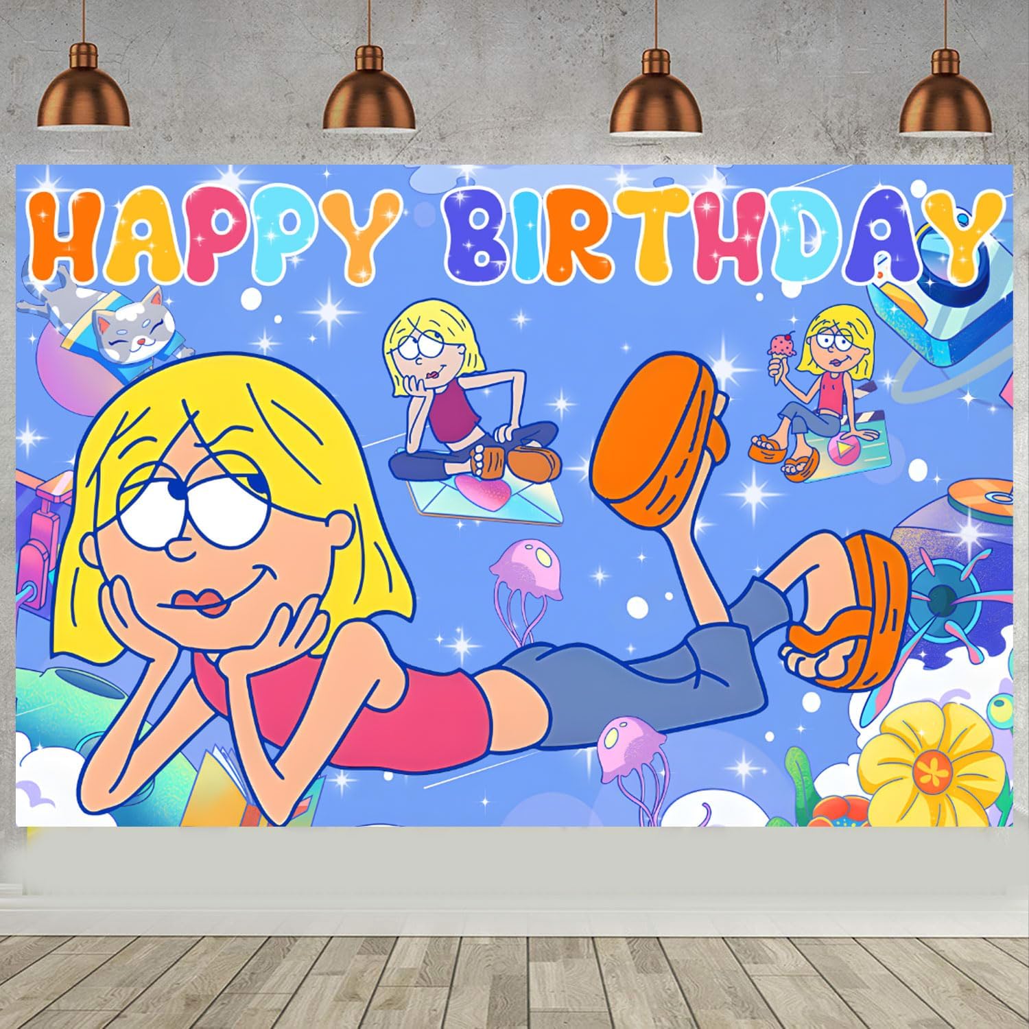 Lizzie McGuire Birthday Backdrop for Party, Cartoon Girls Happy Birthday Banner Balloons Shoot Photo Backgrounds Props for Fans Adults Photography Backdrop